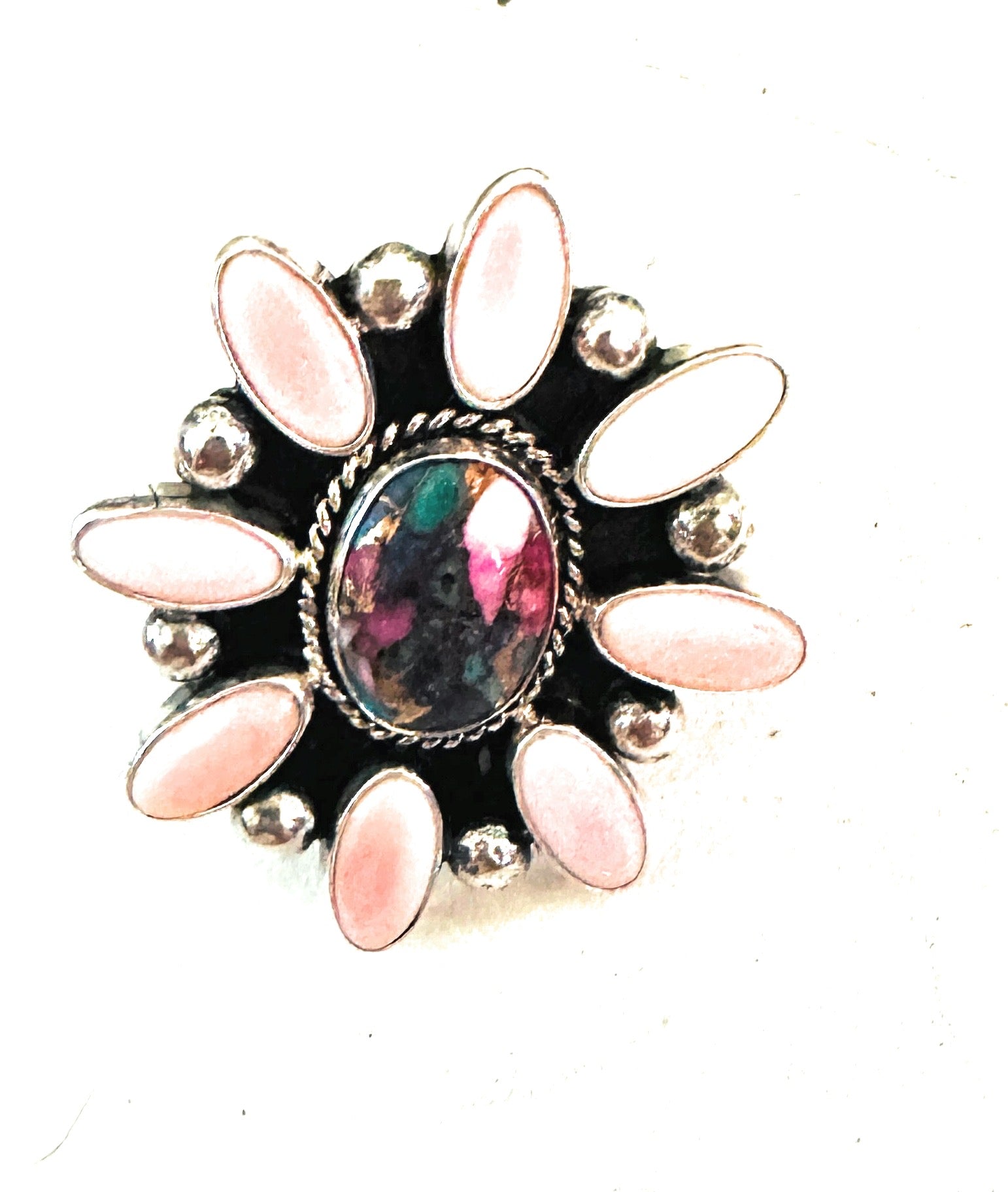 Navajo Sterling Silver, Queen Pink Conch & Pink Dream Cluster Adjustable Ring