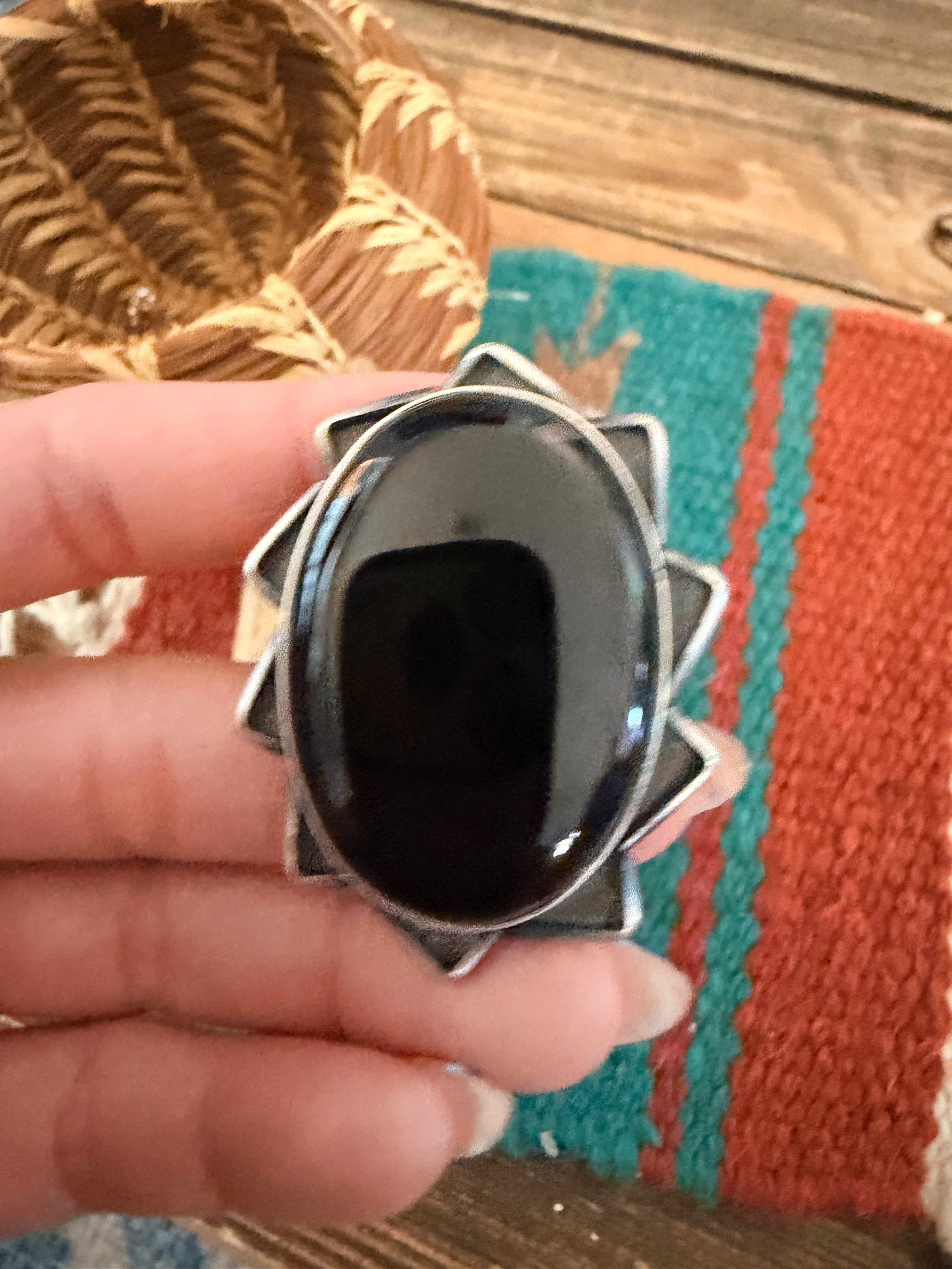 Handcrafted Black Onyx & Sterling Silver Ring Size 9