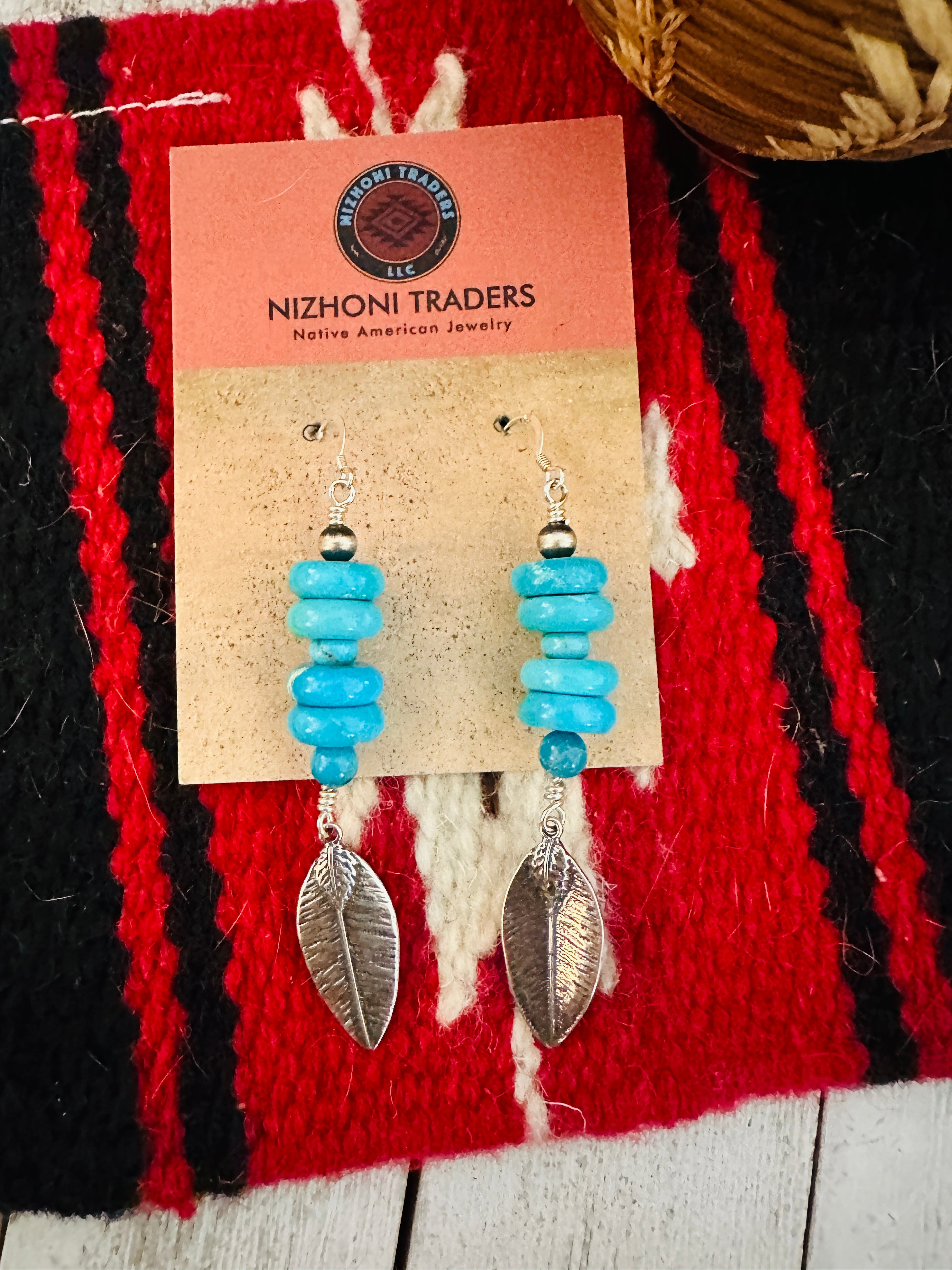 Navajo Turquoise Sterling Silver Beaded Feather Earrings