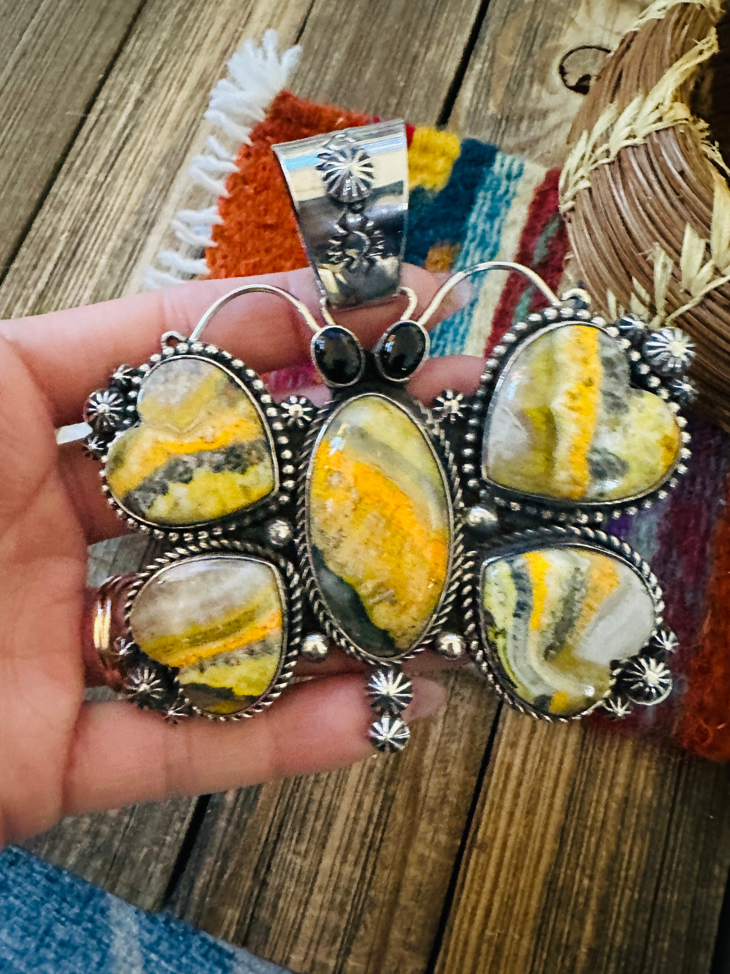 Handcrafted Sterling Silver, Bumblebee & Onyx Butterfly Pendant by Rosella Paxson