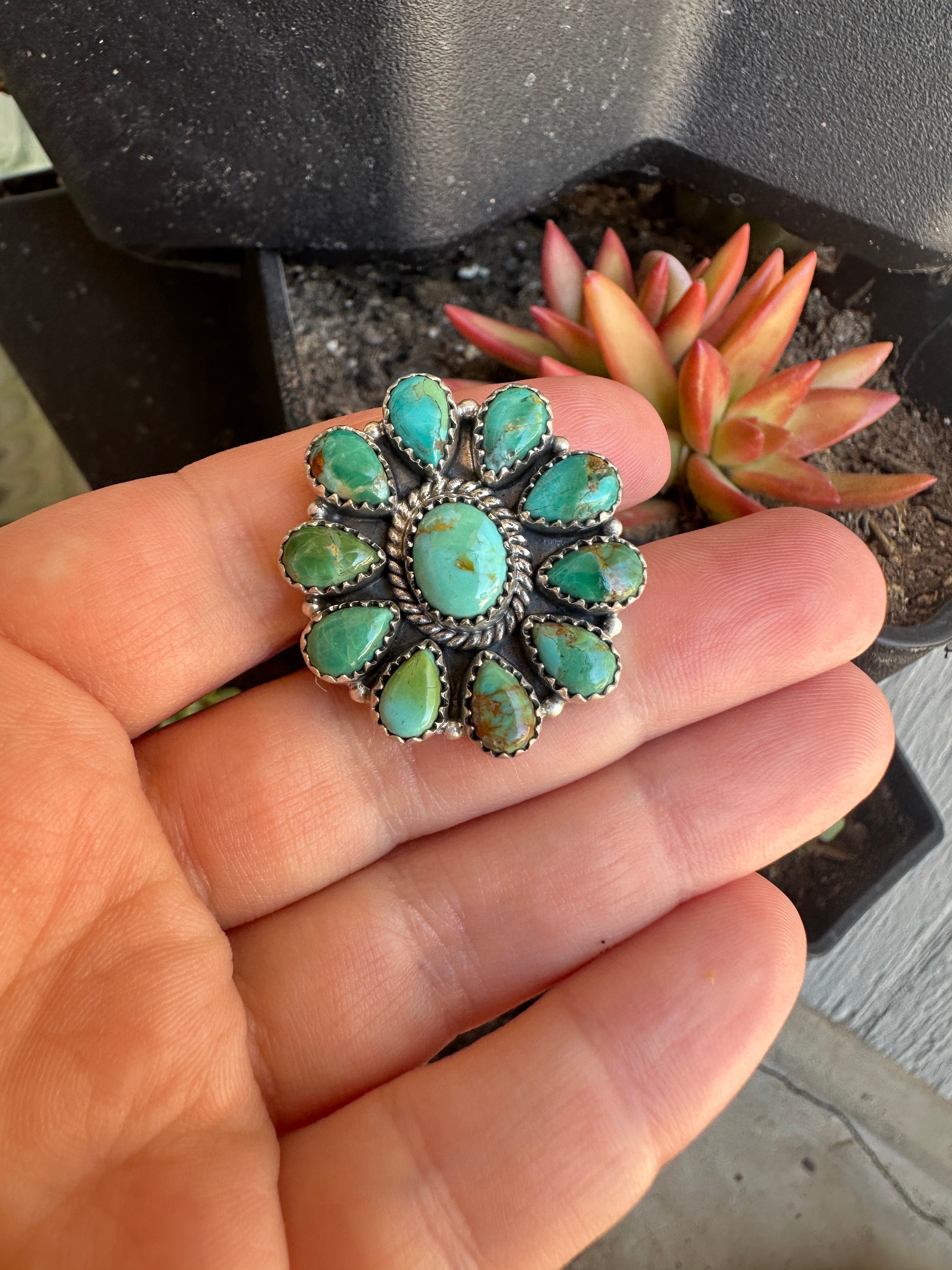 Handmade Turquoise & Sterling Adjustable Cluster Ring