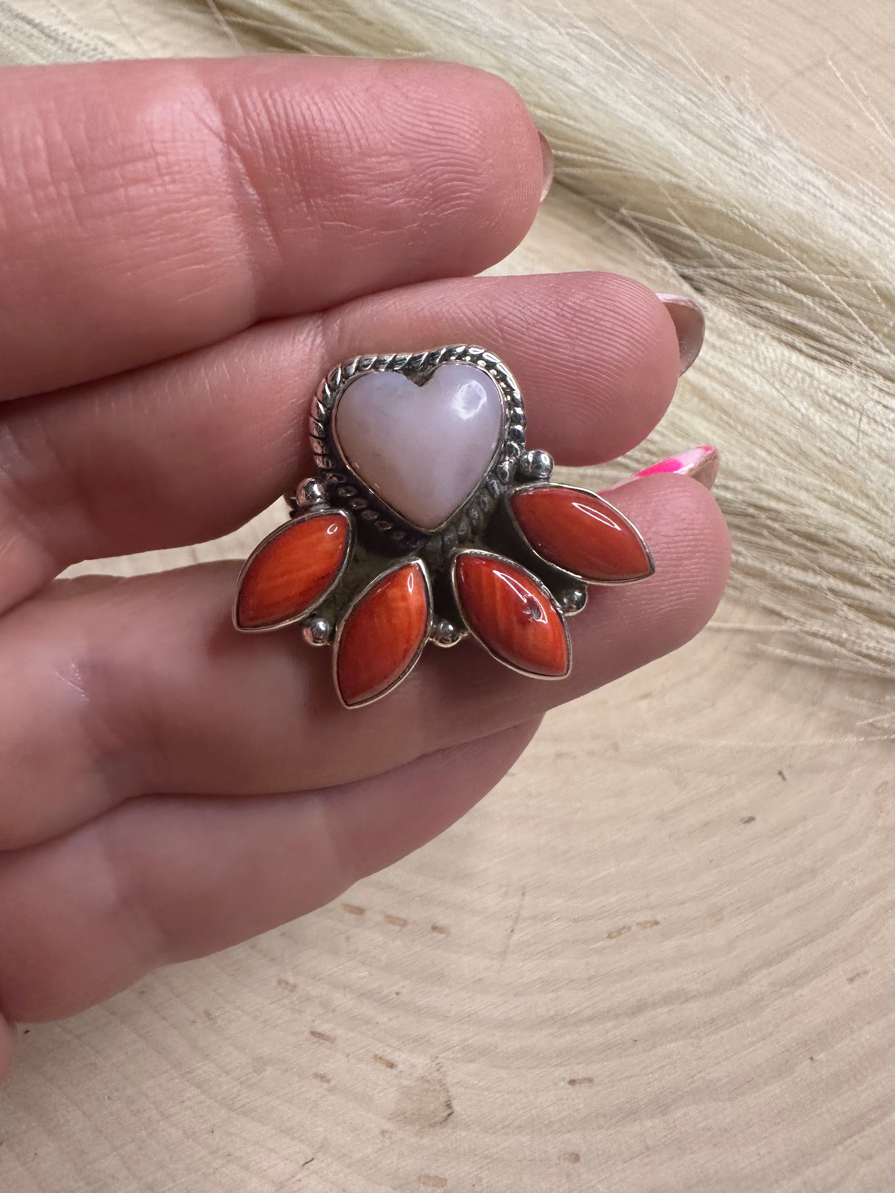 Beautiful Handmade Pink Conch, Coral And Sterling Silver Adjustable Heart Ring