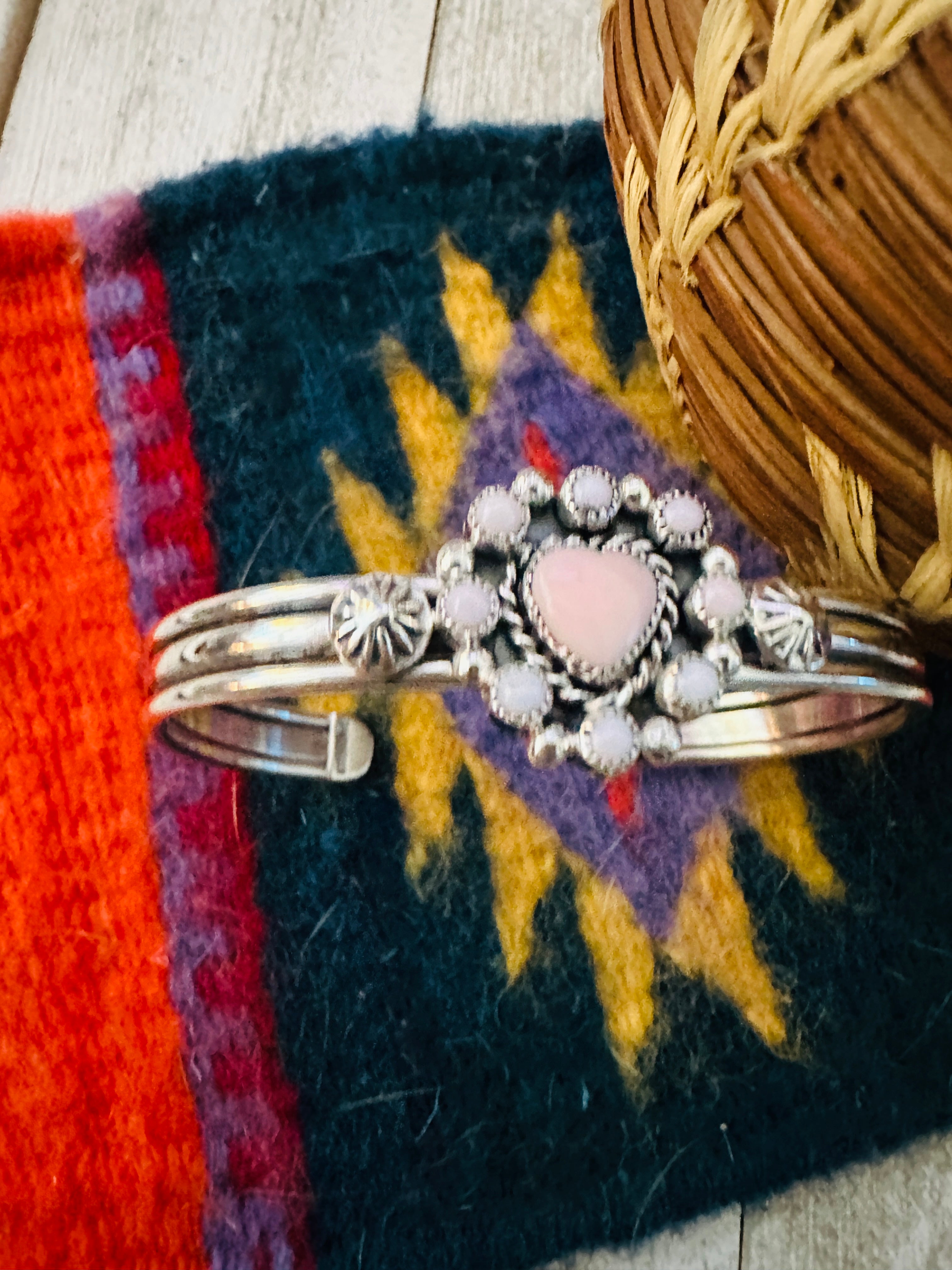 Navajo Queen Pink Conch Shell & Sterling Silver Heart Cuff Bracelet