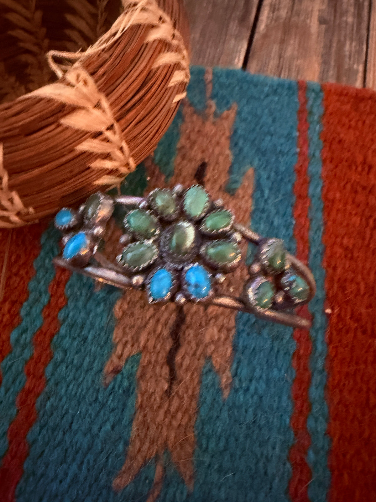 Handcrafted Old Pawn Sterling Silver & Turquoise Cluster Cuff Bracelet