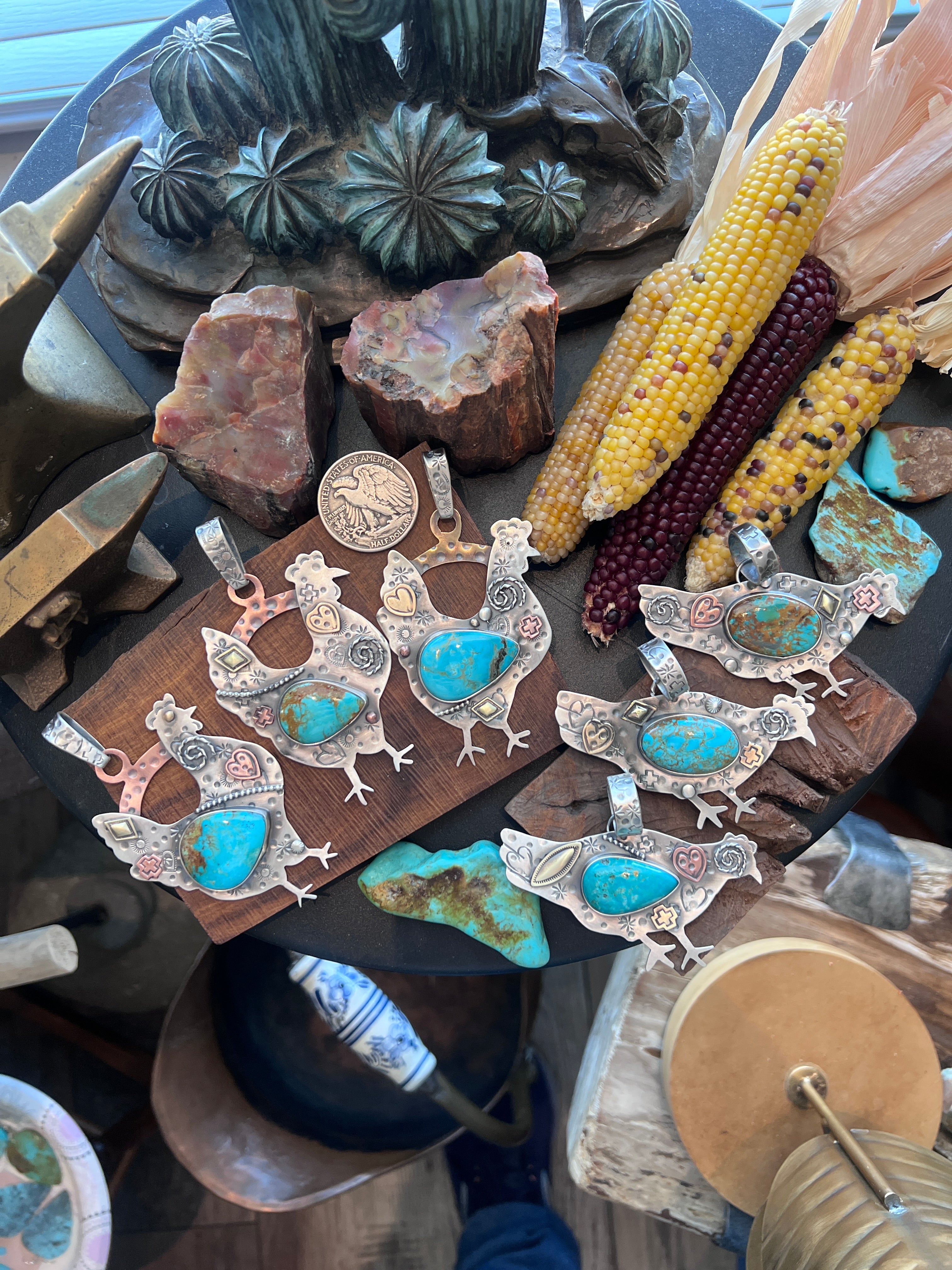 The Nizhoni Cluckers: Hand Stamped and Layered Sterling Silver, Brass, Copper & Kingman Turquoise Chicken Pendants by Kimari Somers