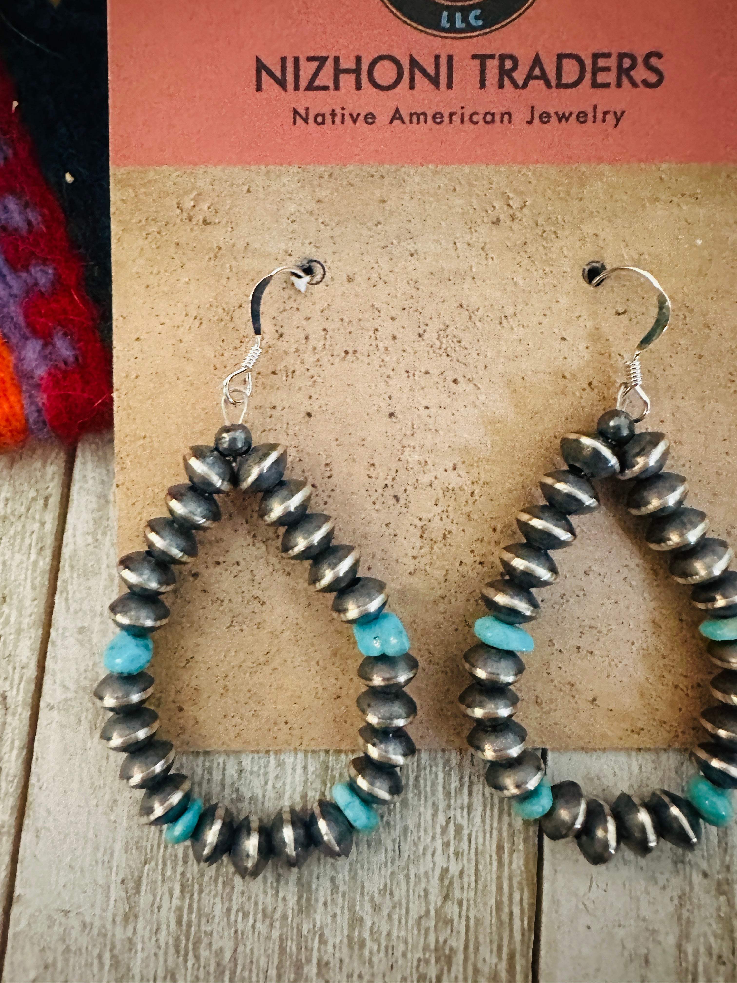 Navajo Turquoise & Sterling Silver Beaded Hoop Earrings