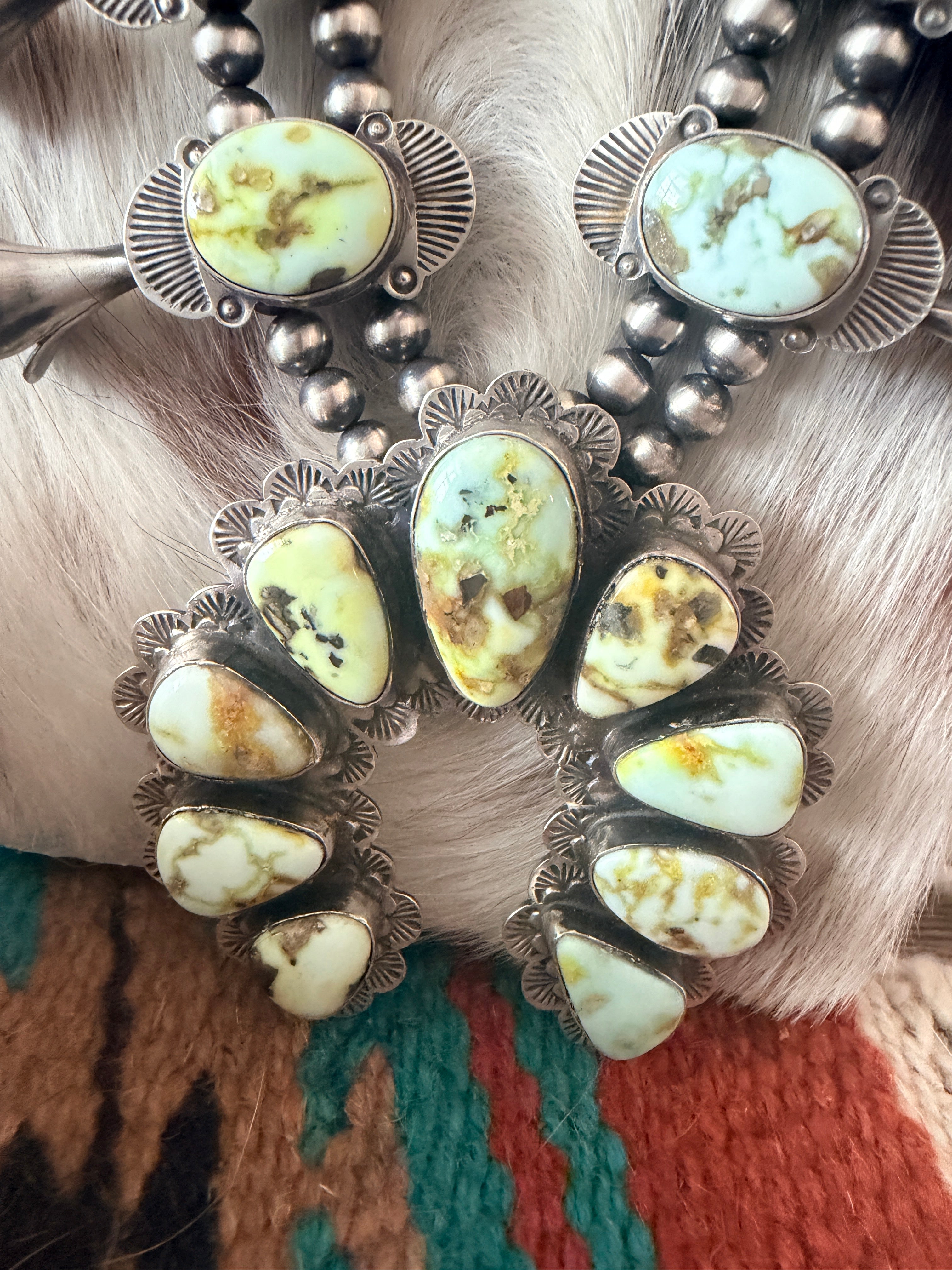 Handcrafted Palomino Turquoise & Sterling Silver Beaded Squash Blossom Necklace Set by Kee Johnson