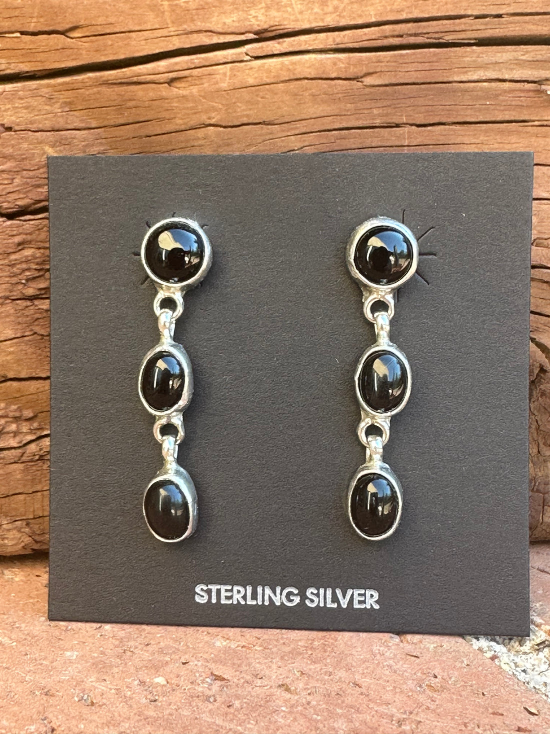Handcrafted Made Black Onyx & Sterling Silver 3 Stone Dangle Earrings