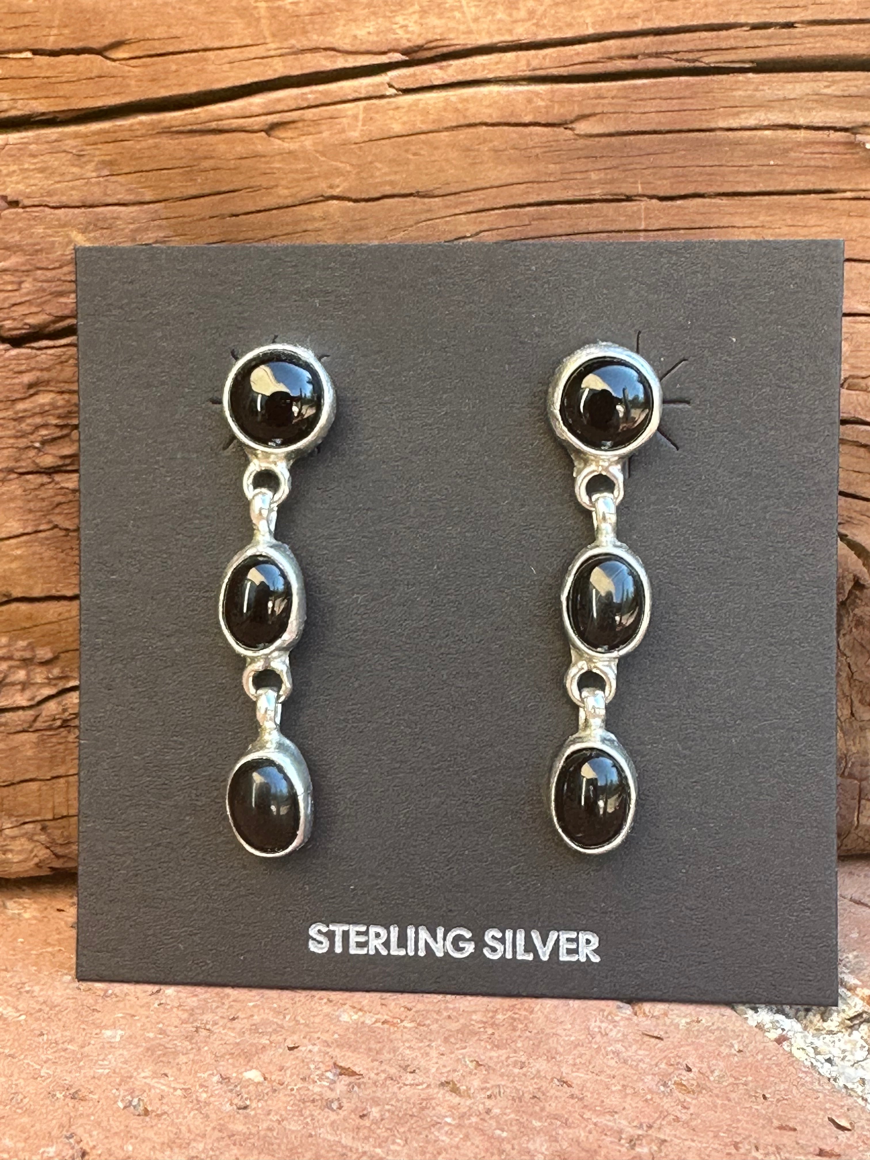 Navajo Made Black Onyx & Sterling Silver 3 Stone Dangle Earrings