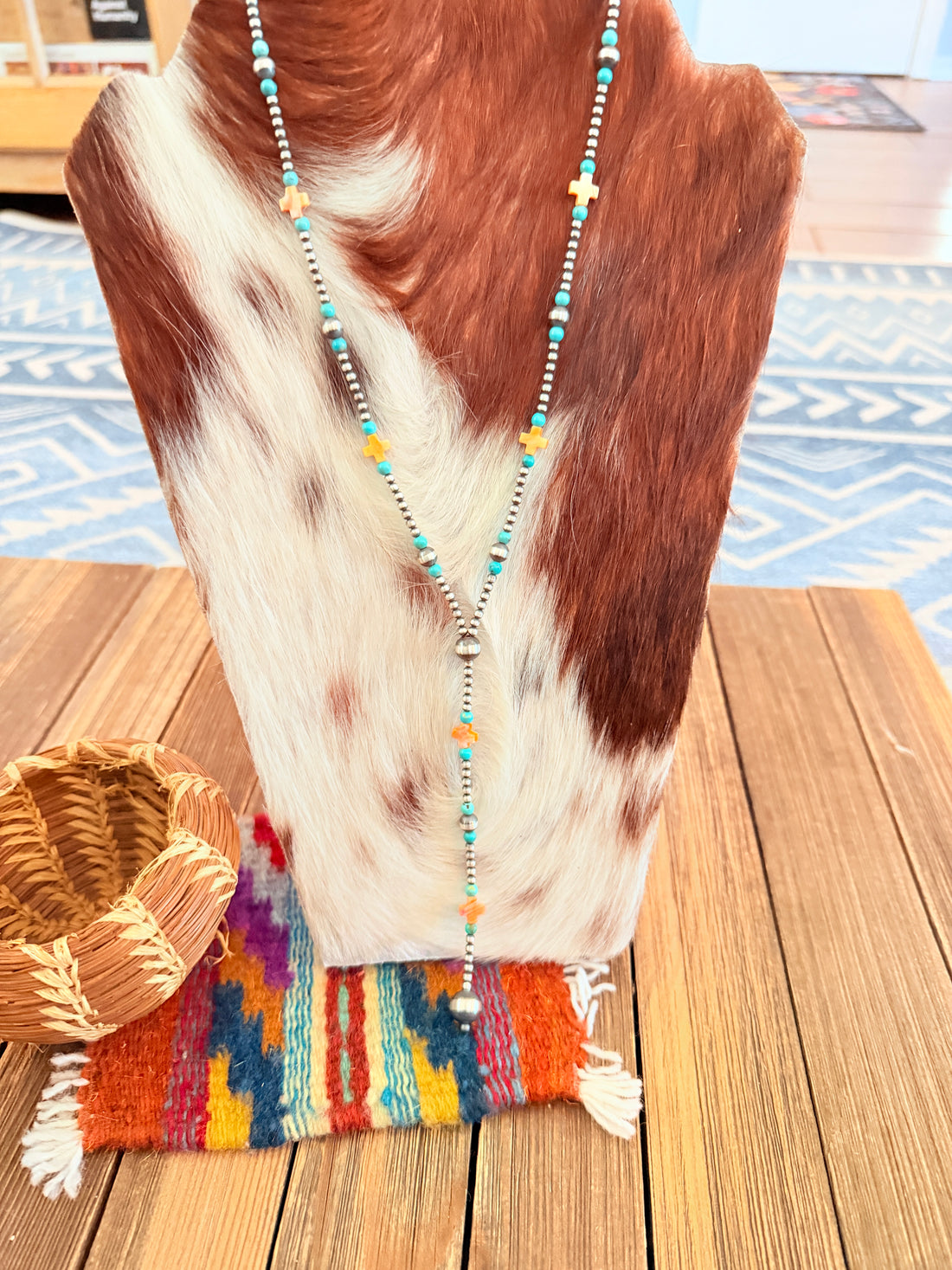 Handcrafted Turquoise, Spiny Oyster & Sterling Silver Pearl 20” Beaded Lariat Necklace