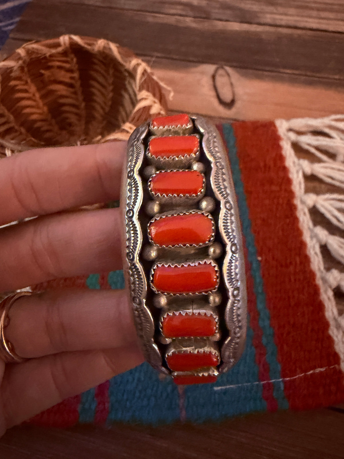 Handcrafted Old Pawn Sterling Silver & Coral Shadowbox Cuff Bracelet, Signed W.M.