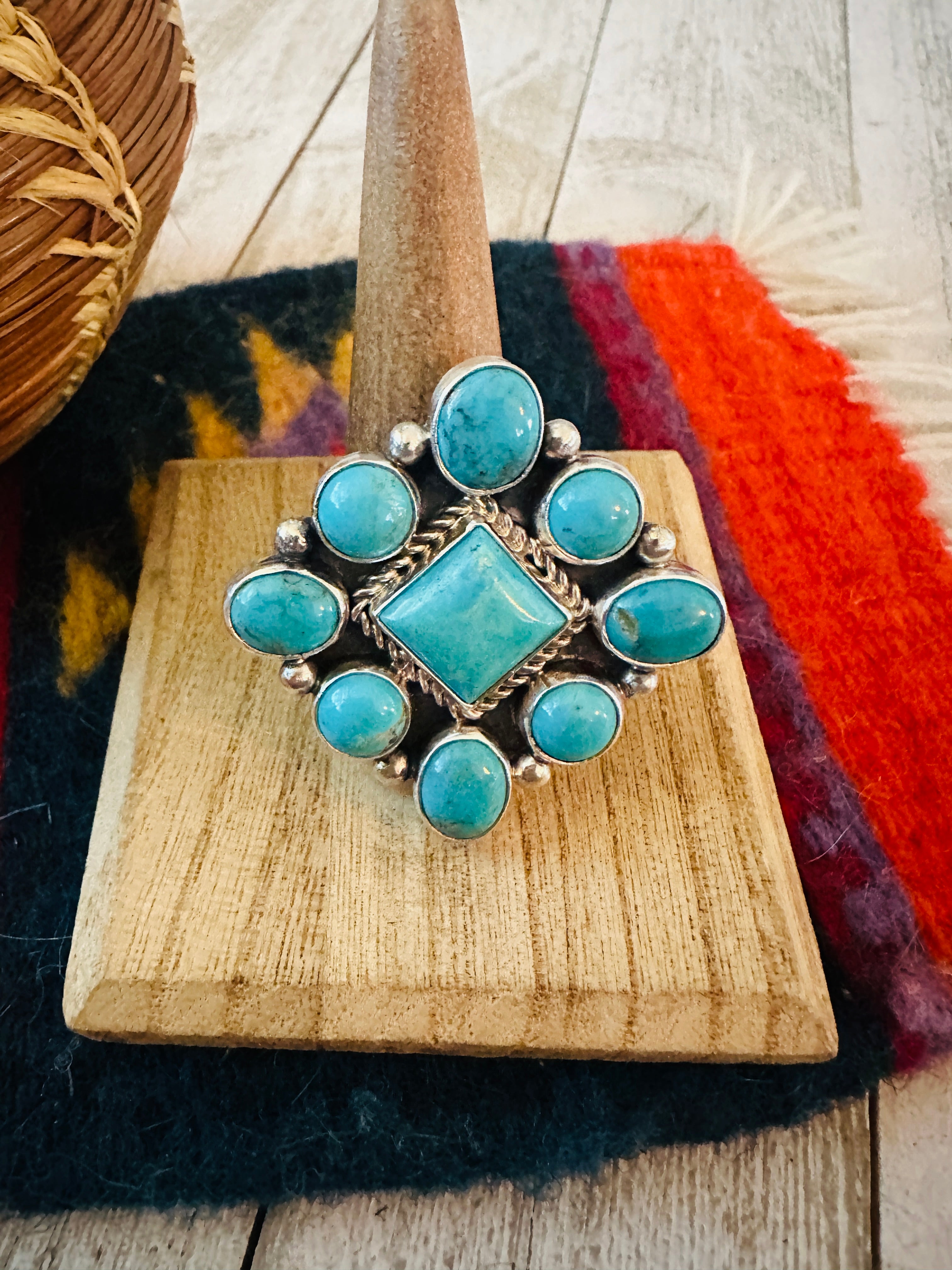 Navajo Sterling Silver & Turquoise Cluster Adjustable Ring