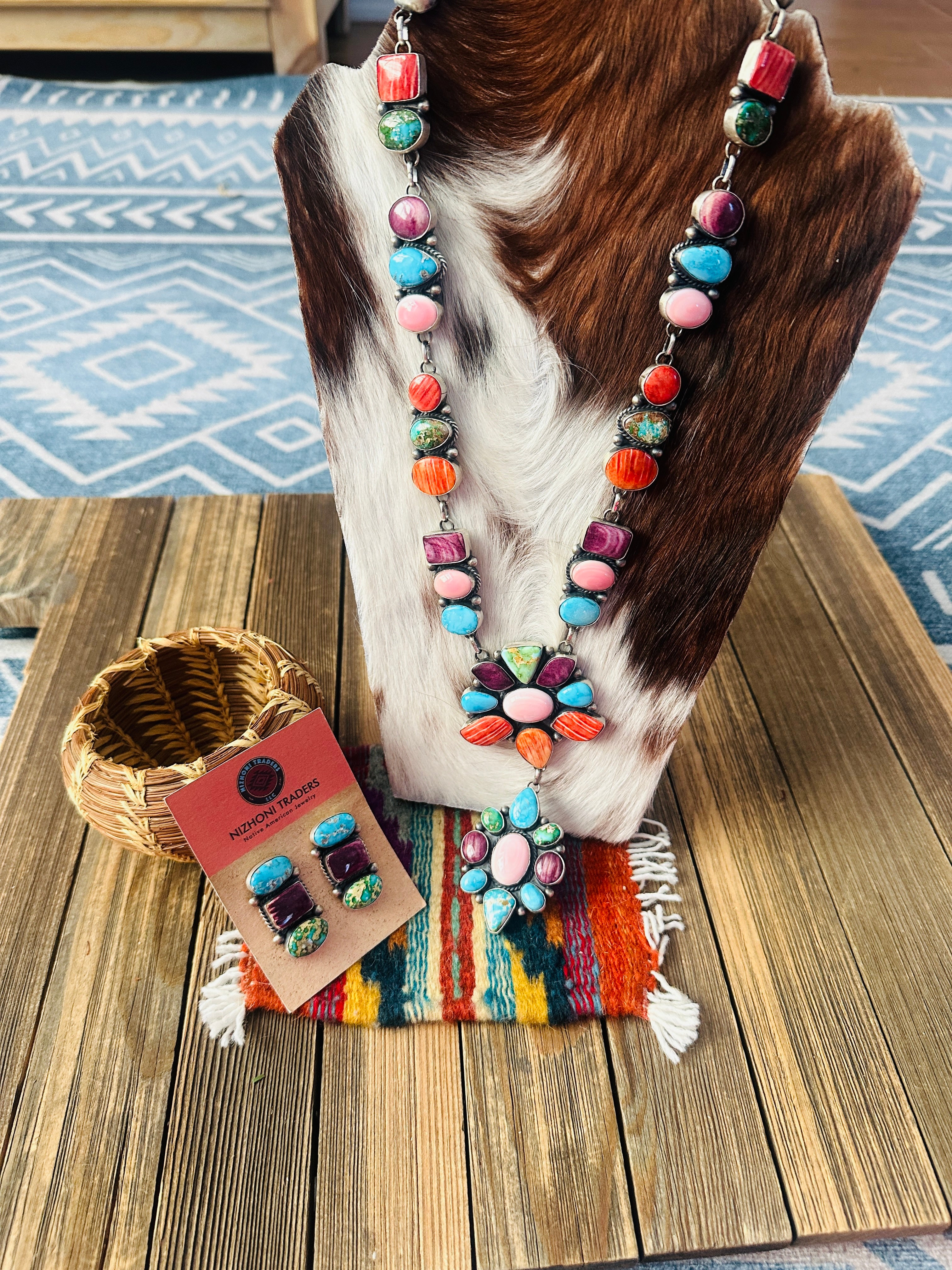 Handcrafted Multi Stone & Sterling Silver Cluster Necklace and Earring Set