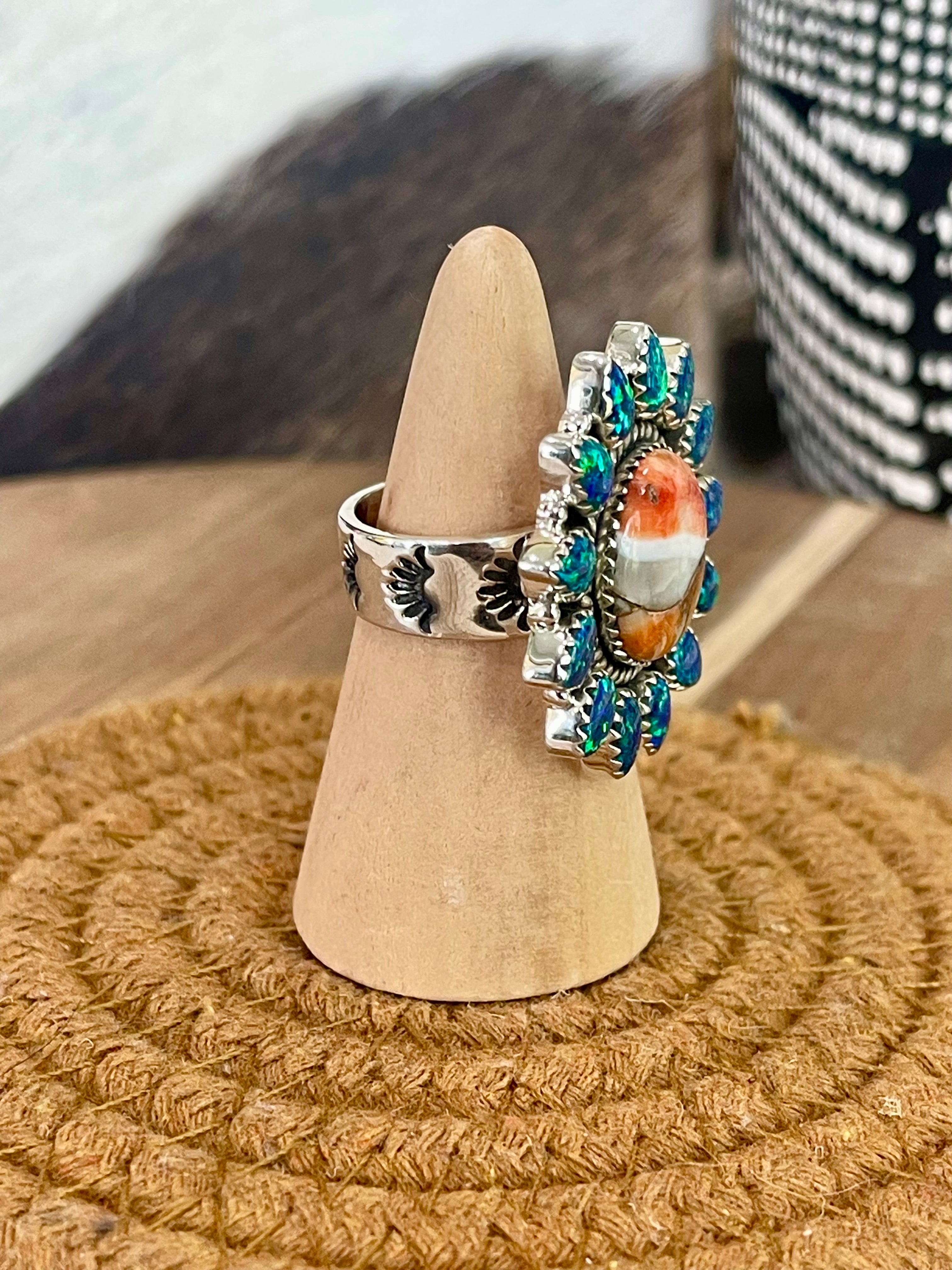 Handmade Sterling Silver, Spice & Blue Fire Opal Adjustable Ring