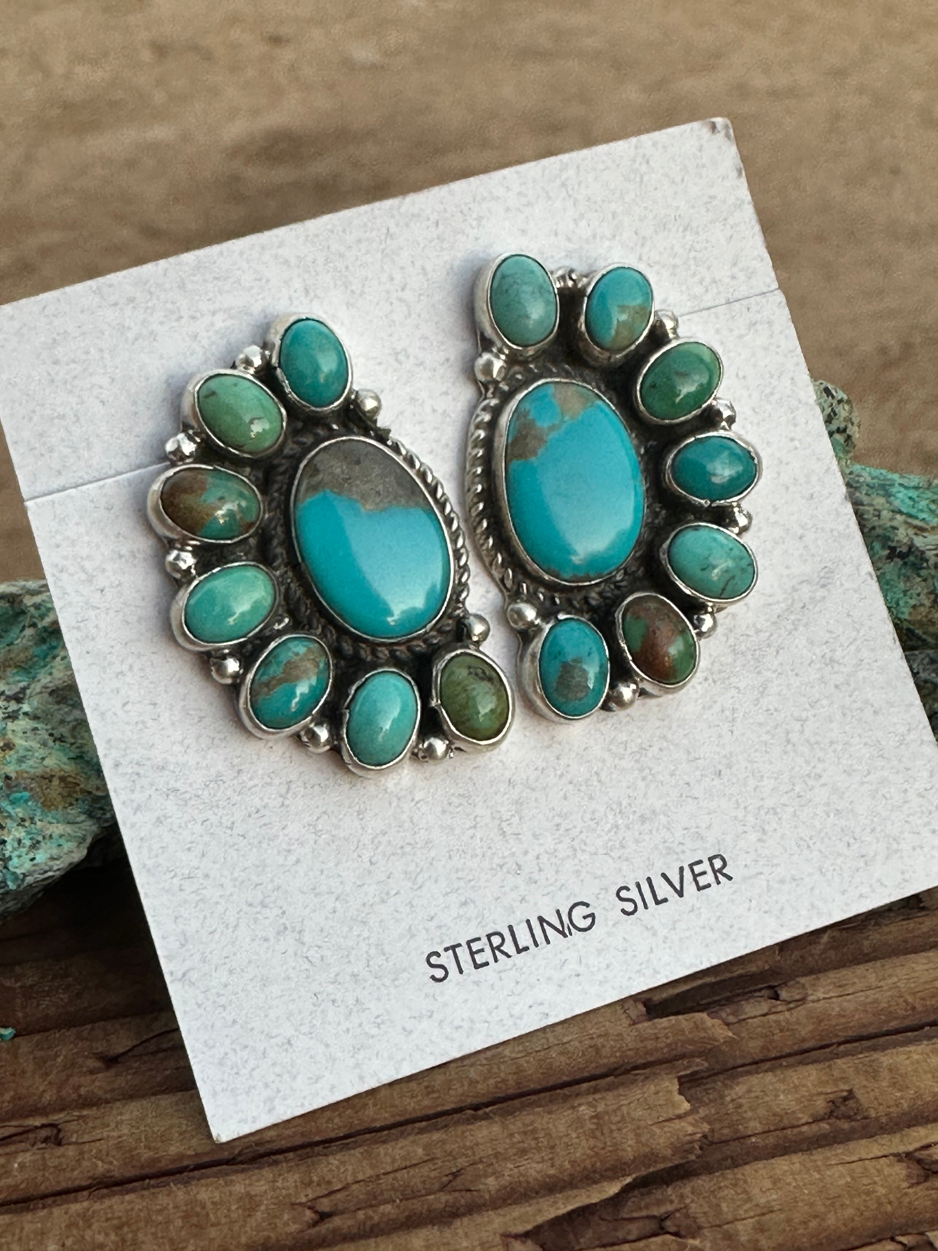 Navajo Geraldine James Turquoise Sterling Silver Cluster Stud Earrings