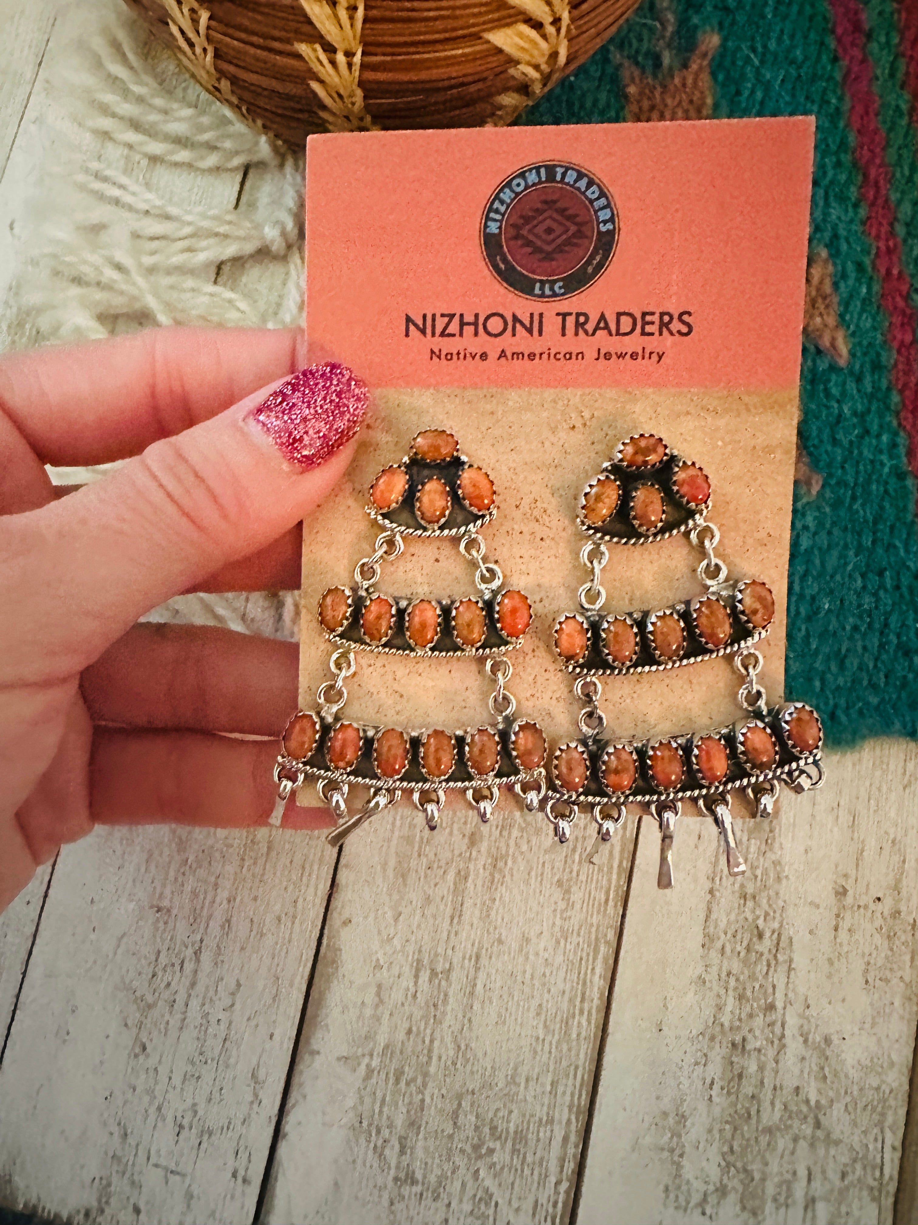 Handmade Orange Spiny & Sterling Silver Dangle Earrings Signed Nizhoni