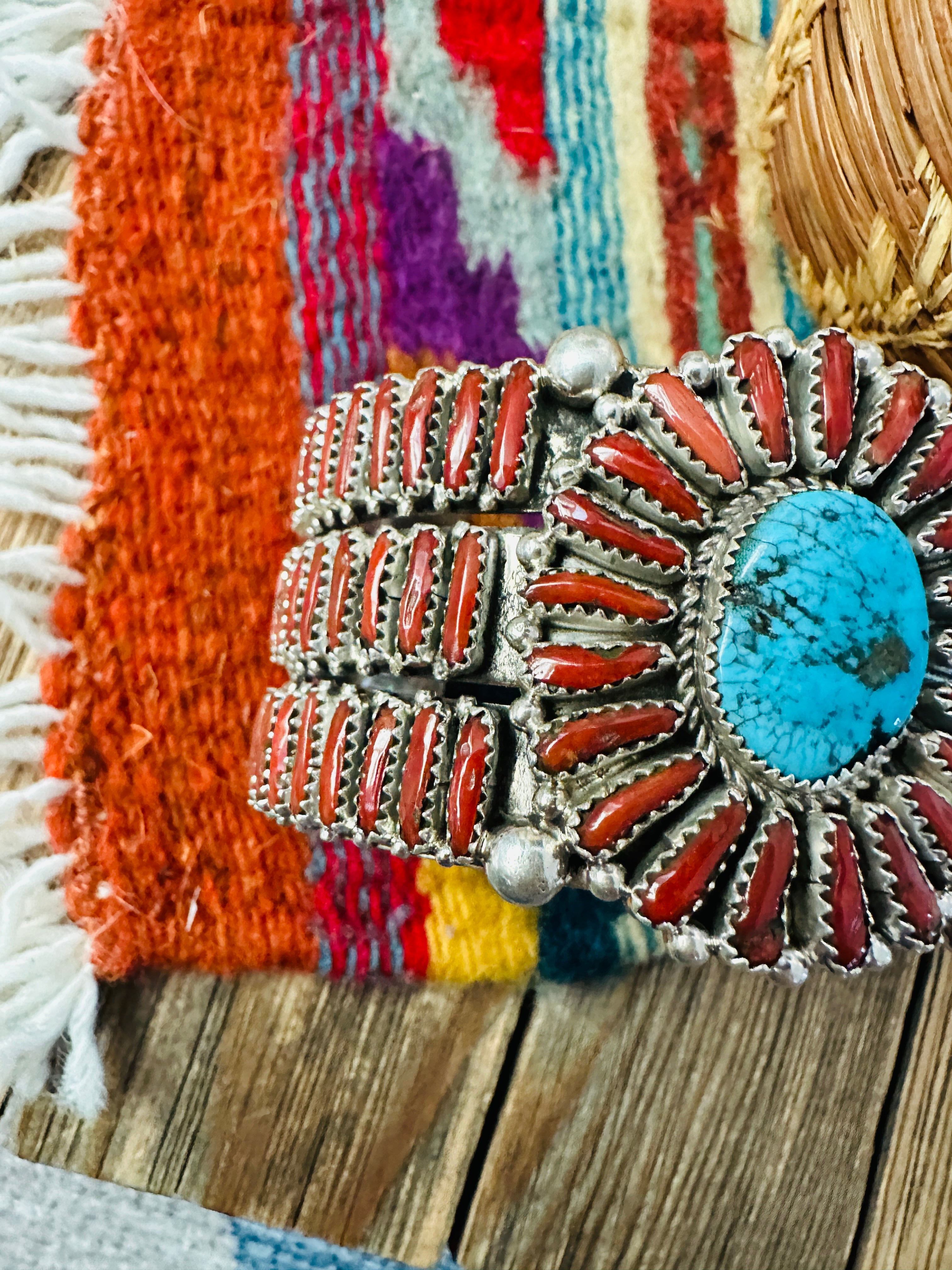 Handcrafted Coral, Turquoise & Sterling Silver Cluster Cuff Bracelet