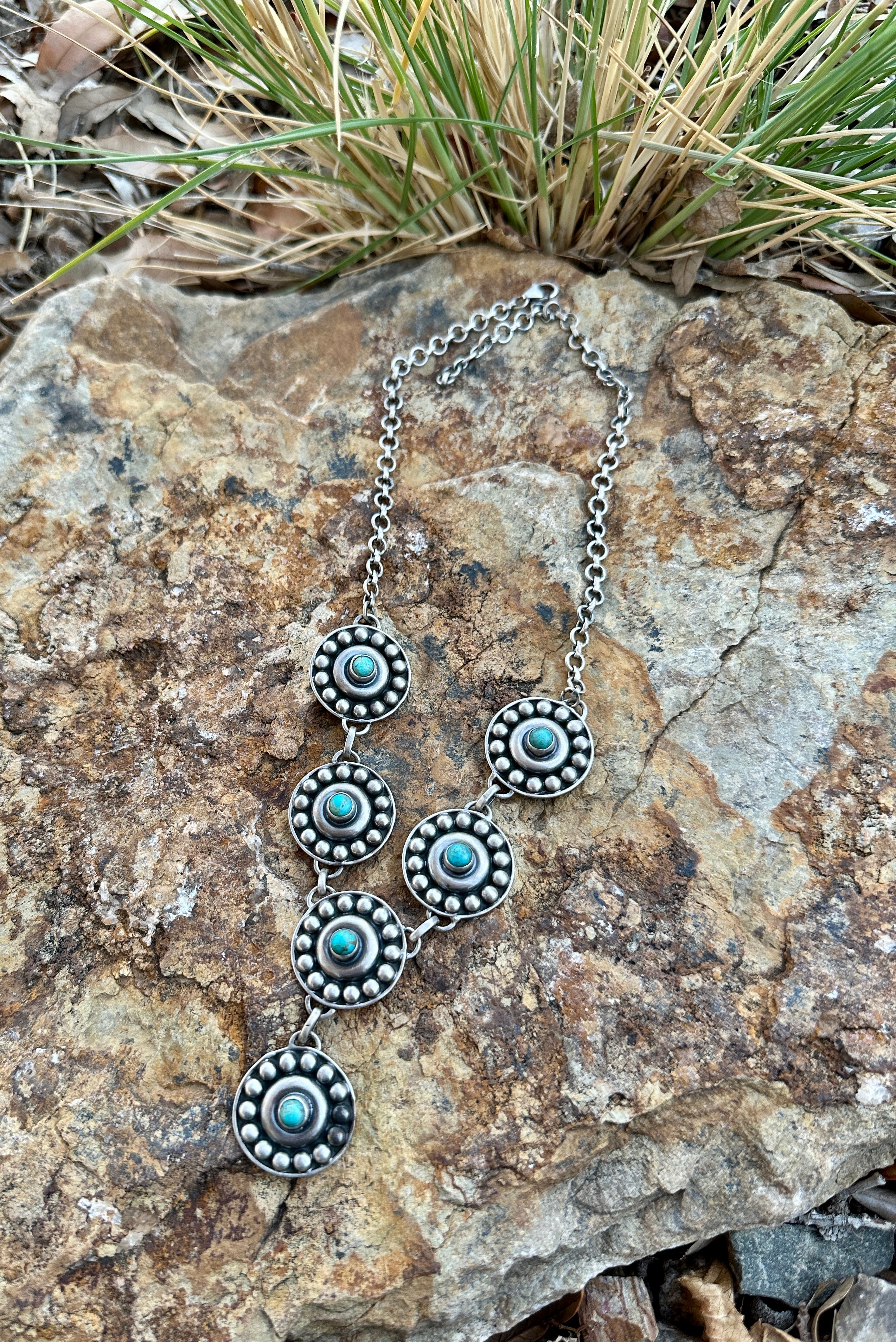 Handmade Turquoise & Sterling Silver Concho Lariat Necklace