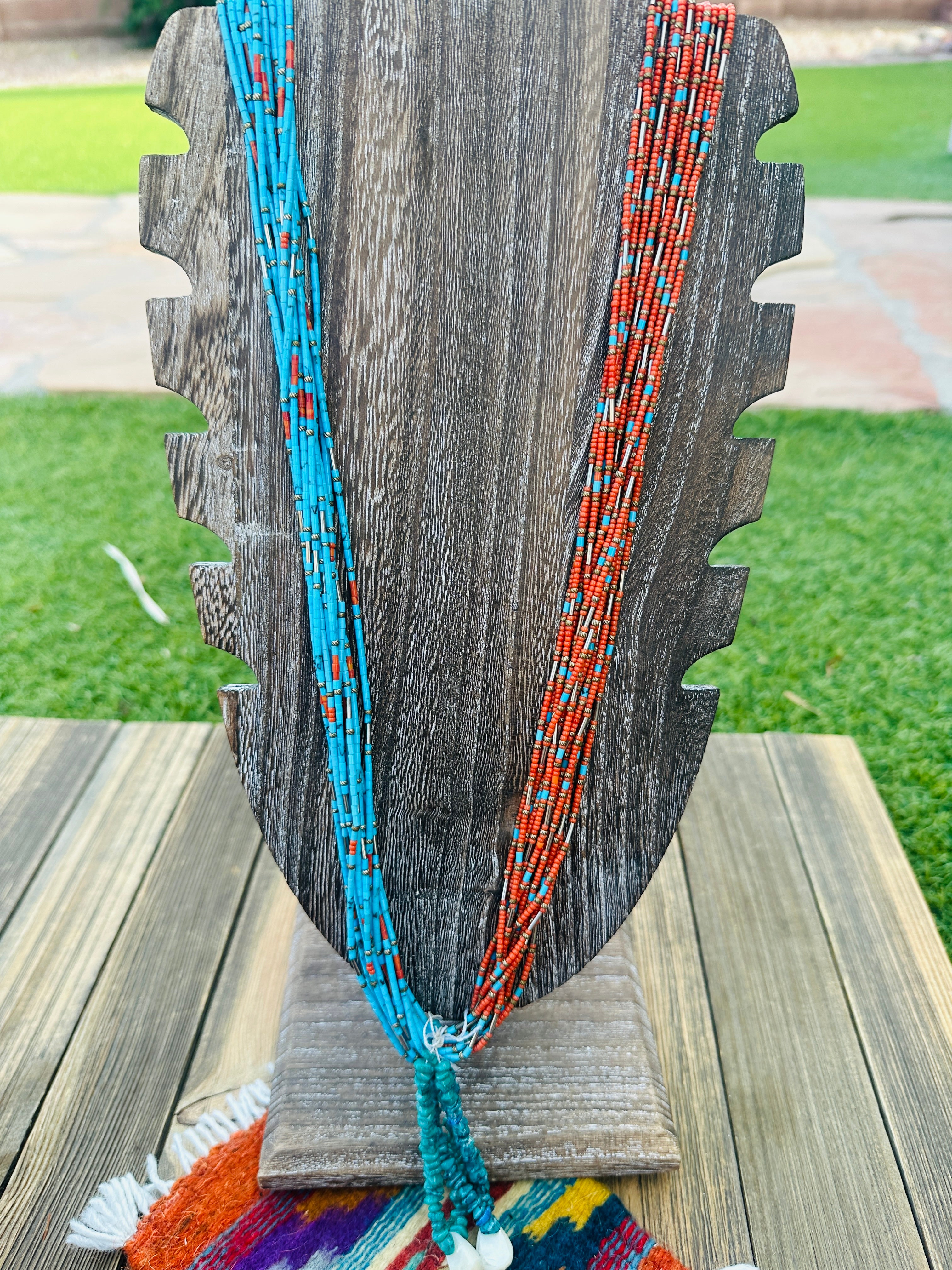 Old Pawn Handcrafted Turquoise, Coral & Sterling Silver Beaded 36” Necklace