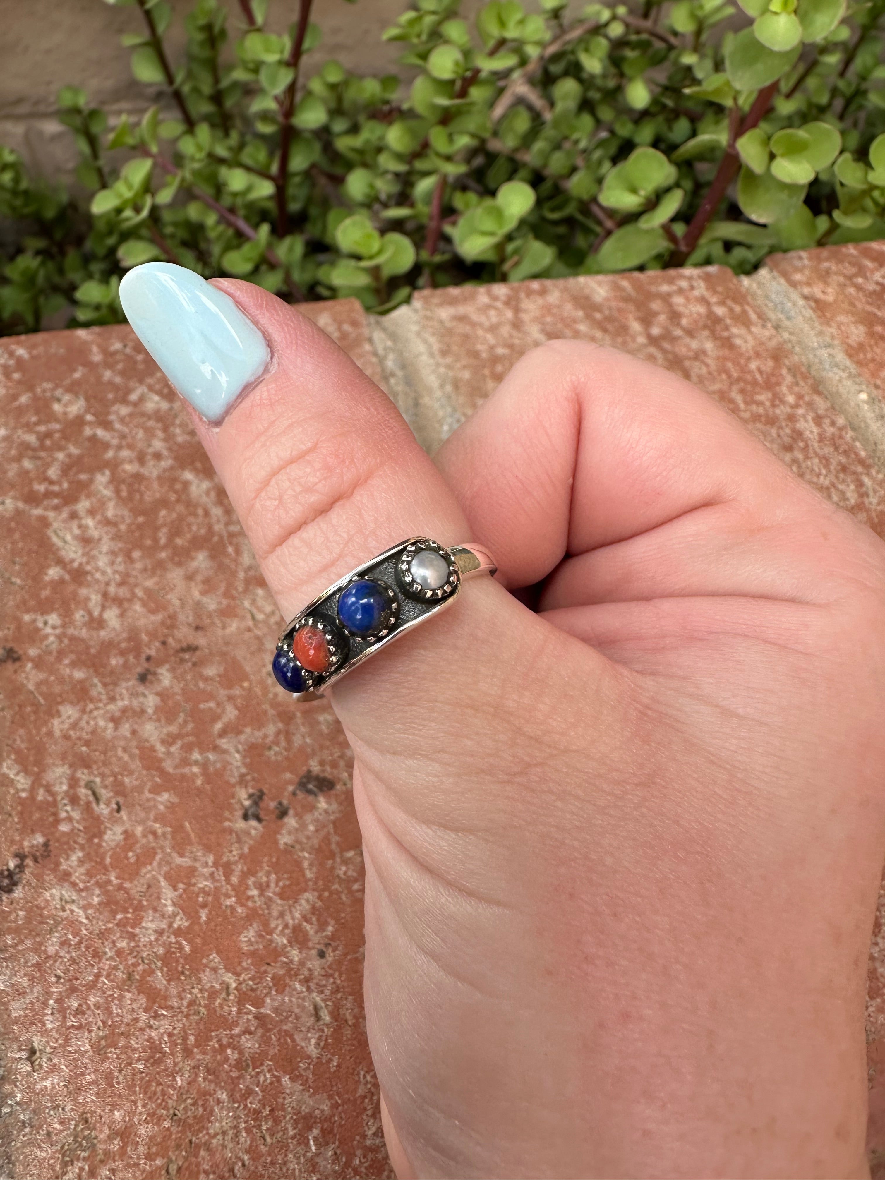 4TH OF JULY COLLECTION Handmade Coral, Lapis, Mother of Pearl Adjustable Band Ring