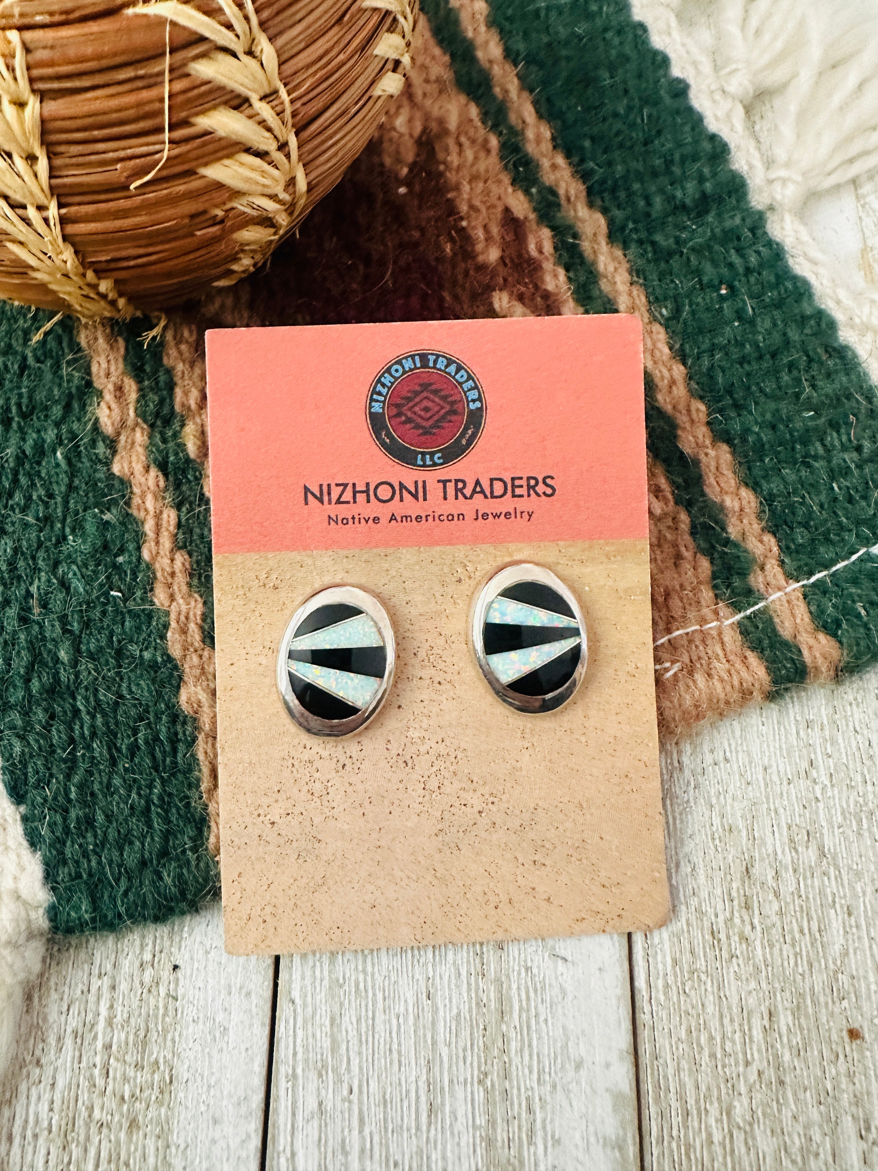 Handcrafted Old Pawn Sterling Silver, Onyx & Opal Inlay Post Earrings