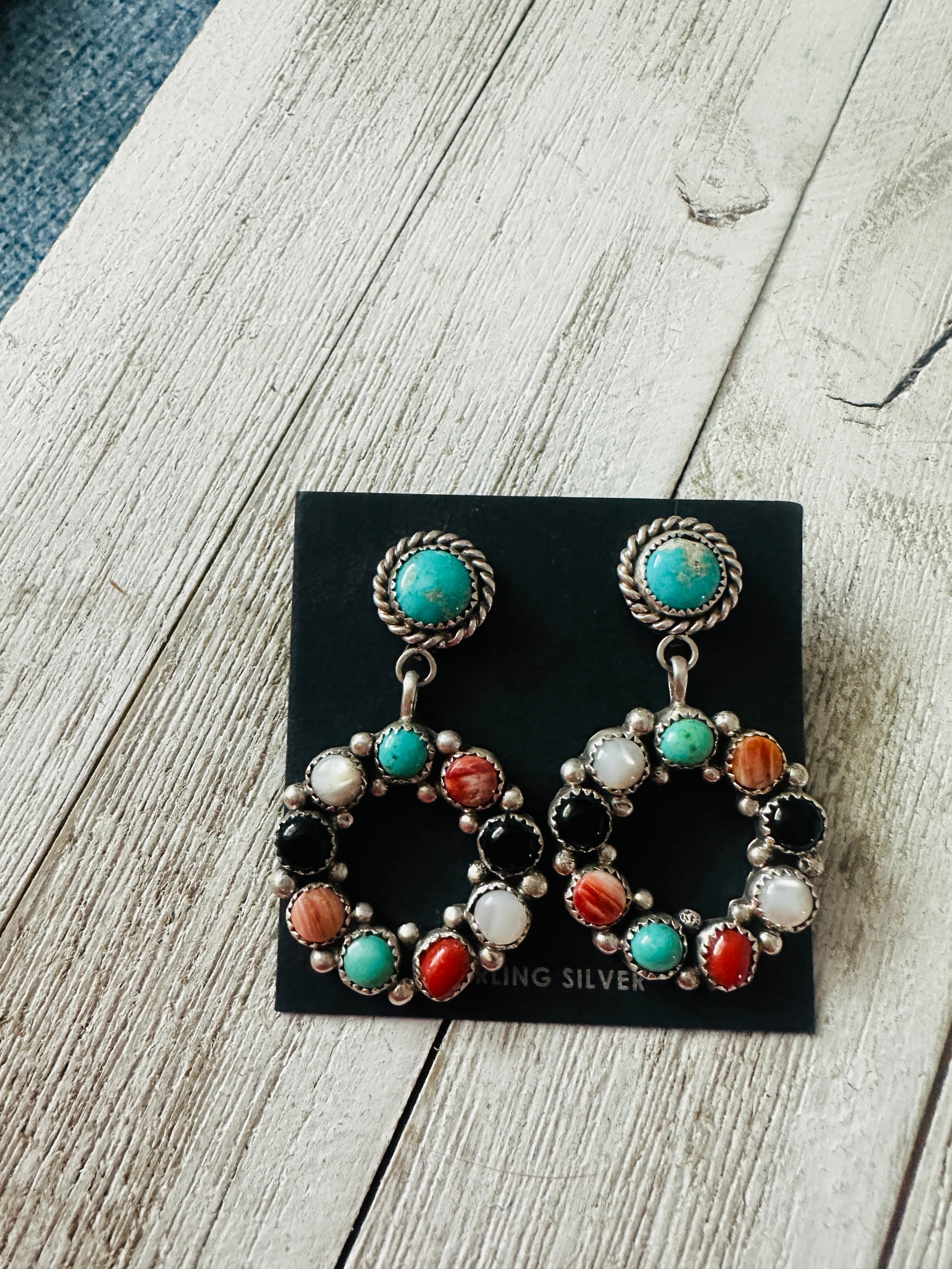 Navajo Sterling Silver & Multi Stone Dangle Earrings