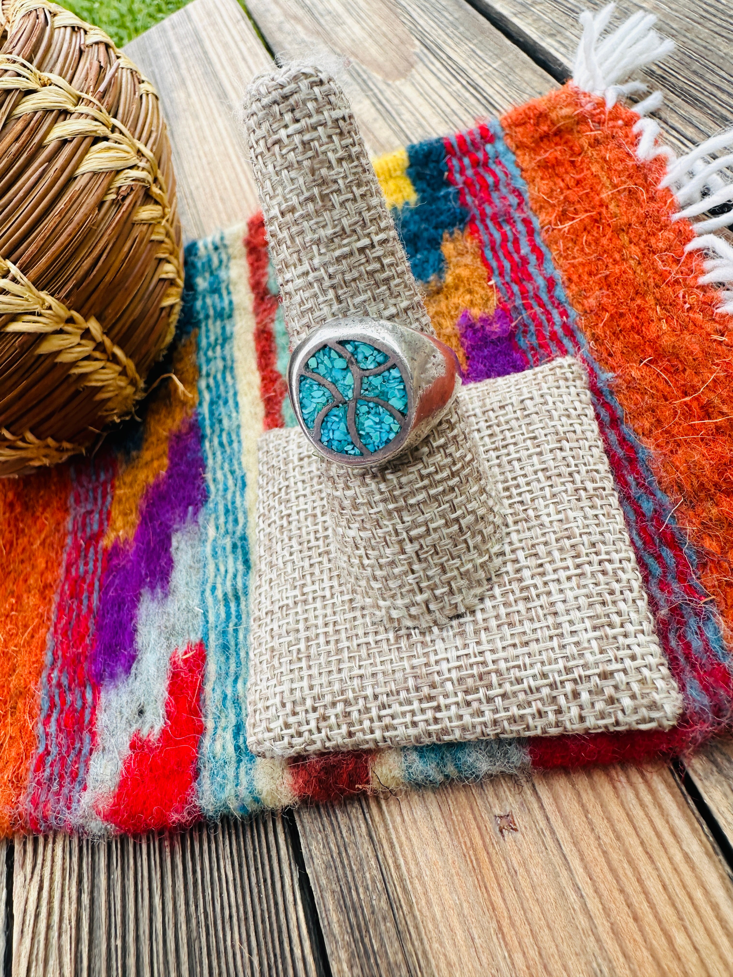 Old Pawn Handcrafted Turquoise & Sterling Silver Inlay Ring Size 8.5