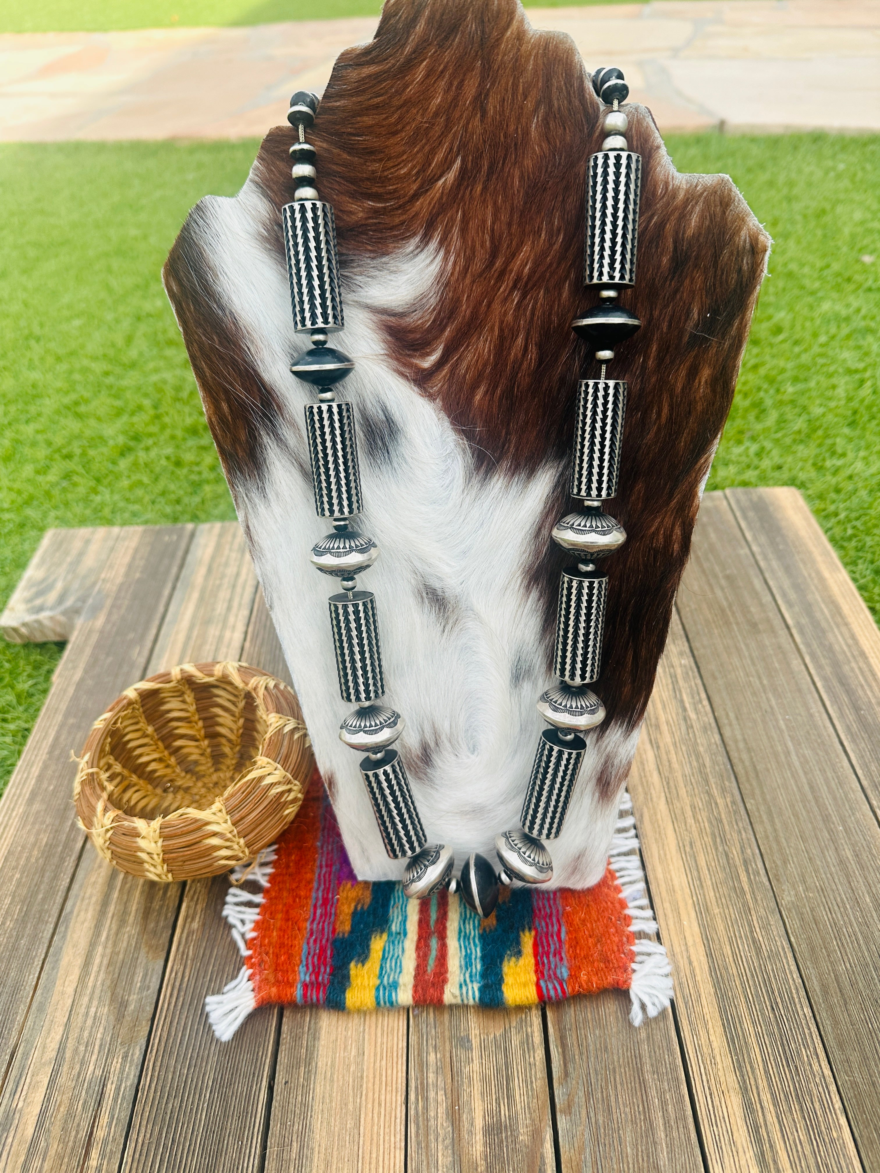 Hand Stamped Sterling Silver Beaded 28” Necklace by Leander Tahe