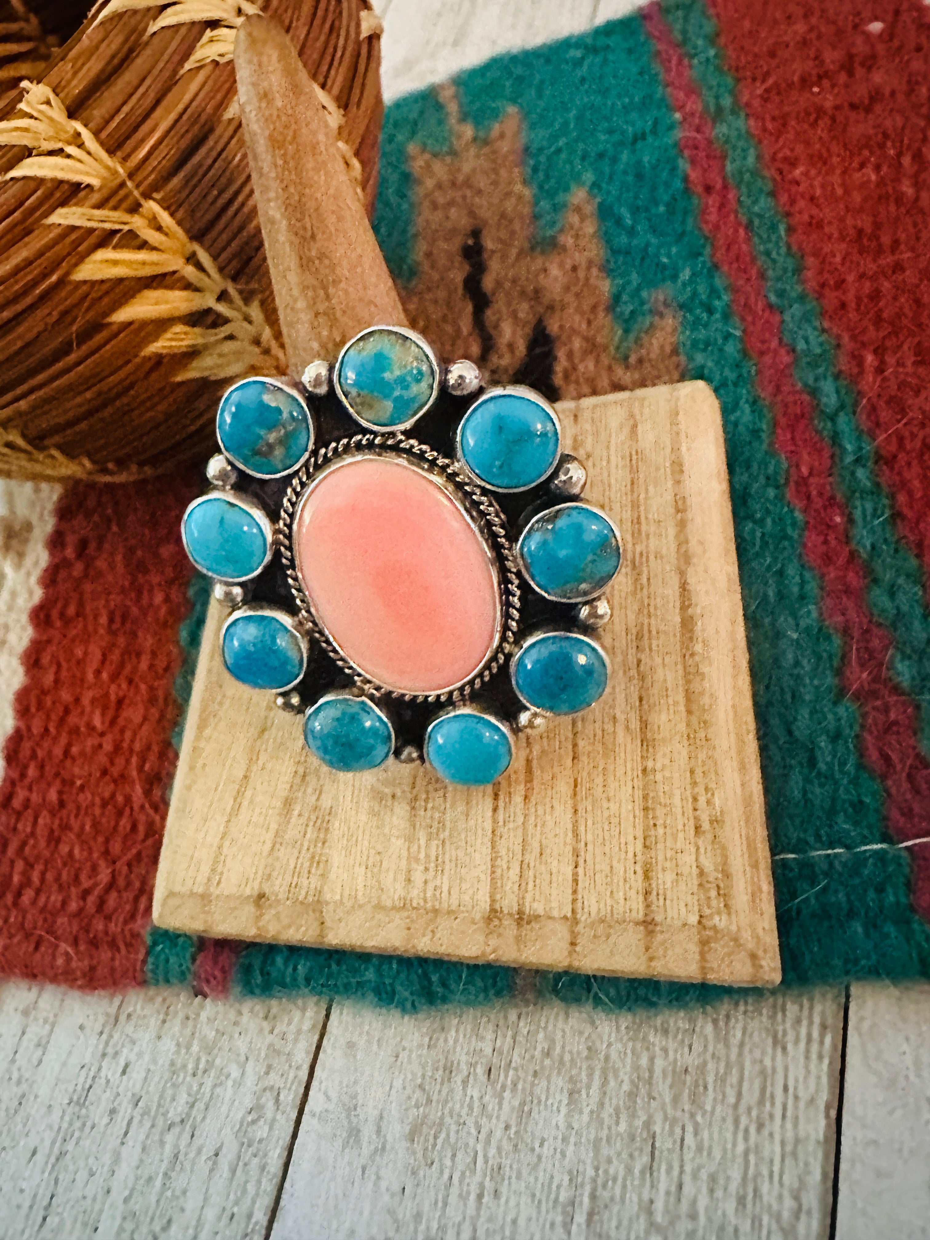 Navajo Sterling Silver, Queen Pink Conch & Turquoise Cluster Adjustable Ring