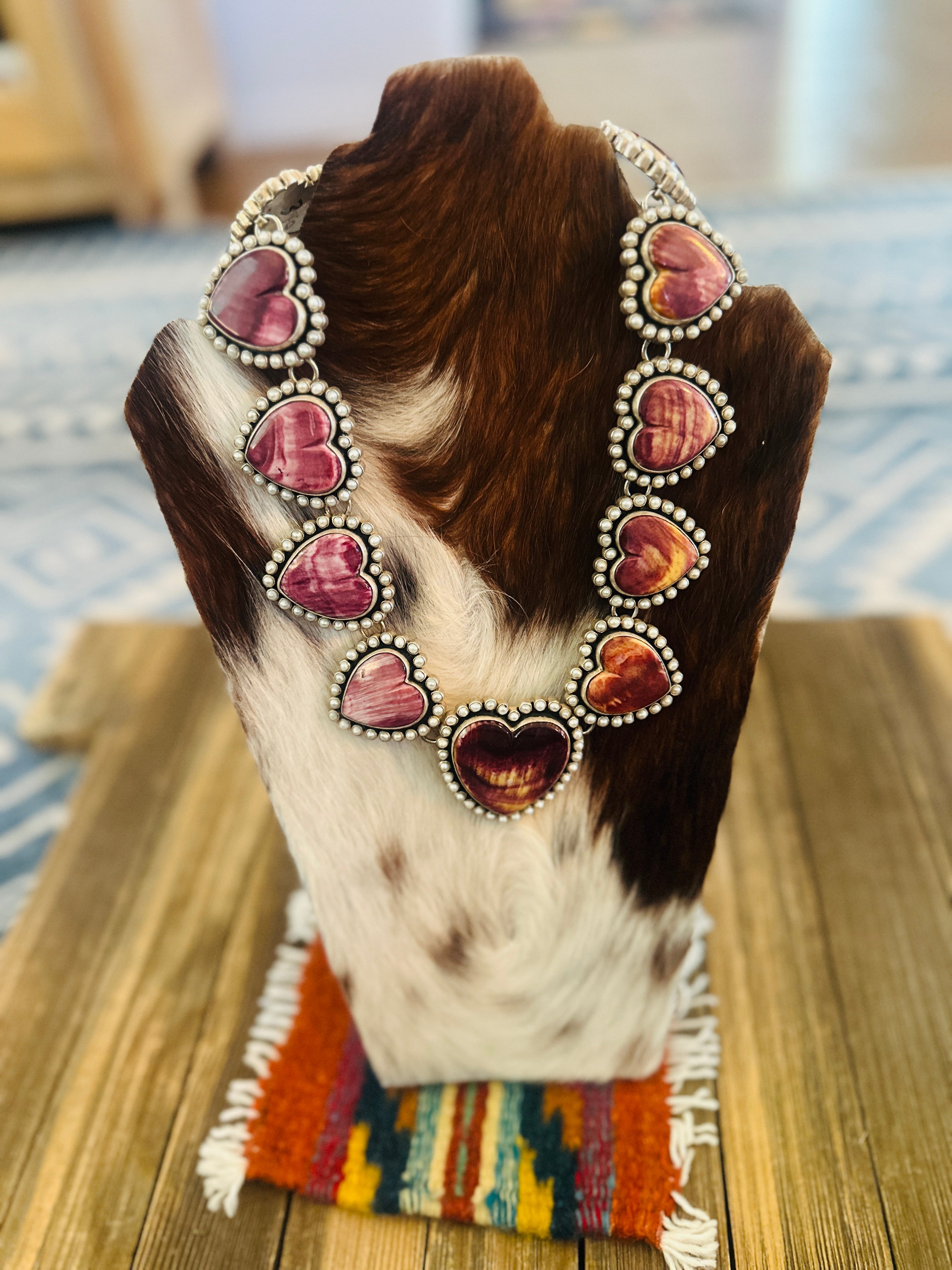 Handcrafted Purple Spiny, Mother of Pearl & Sterling Silver Heart Neck