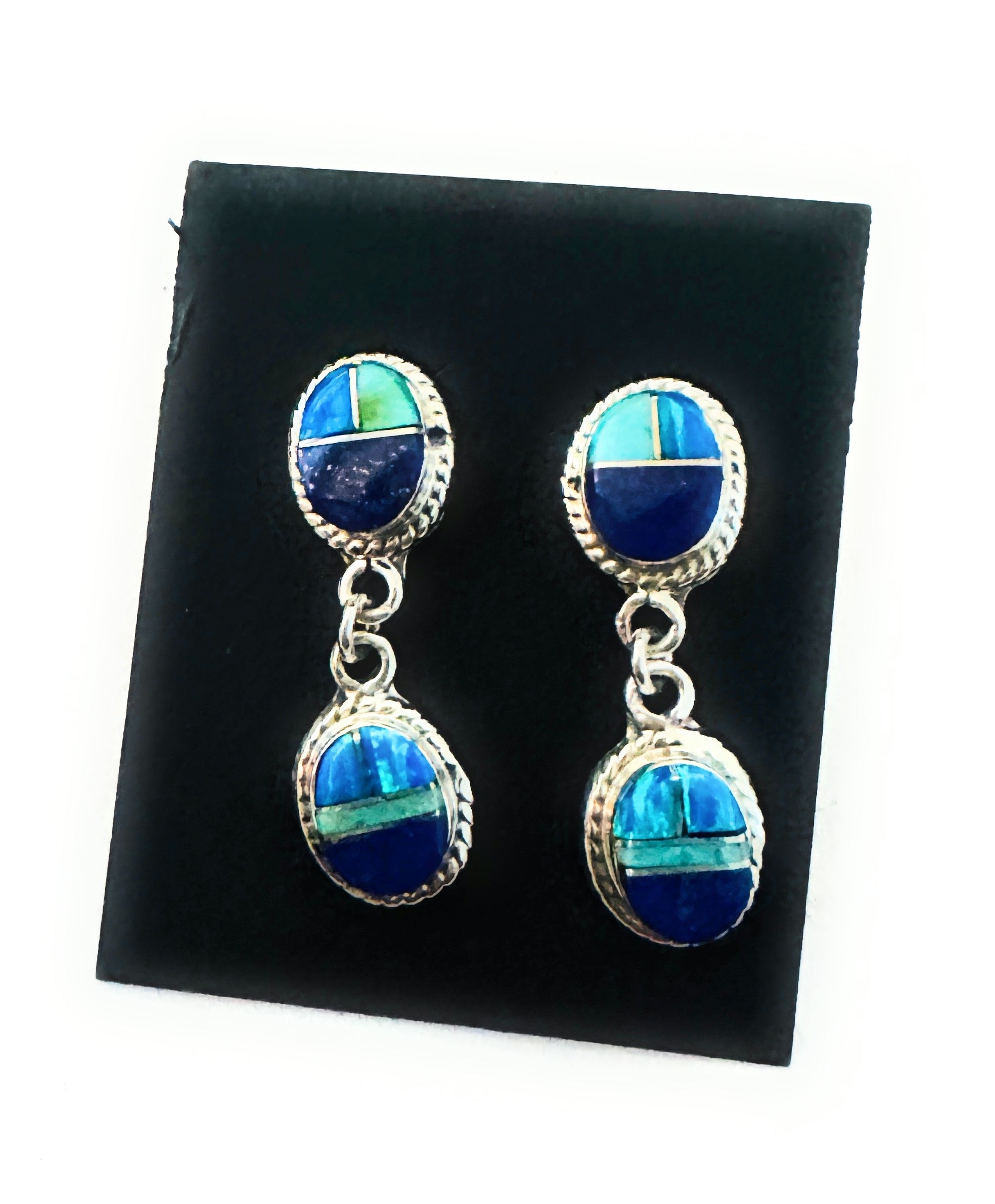 Navajo Sterling Silver & Multi Stone Inlay Dangle Earrings