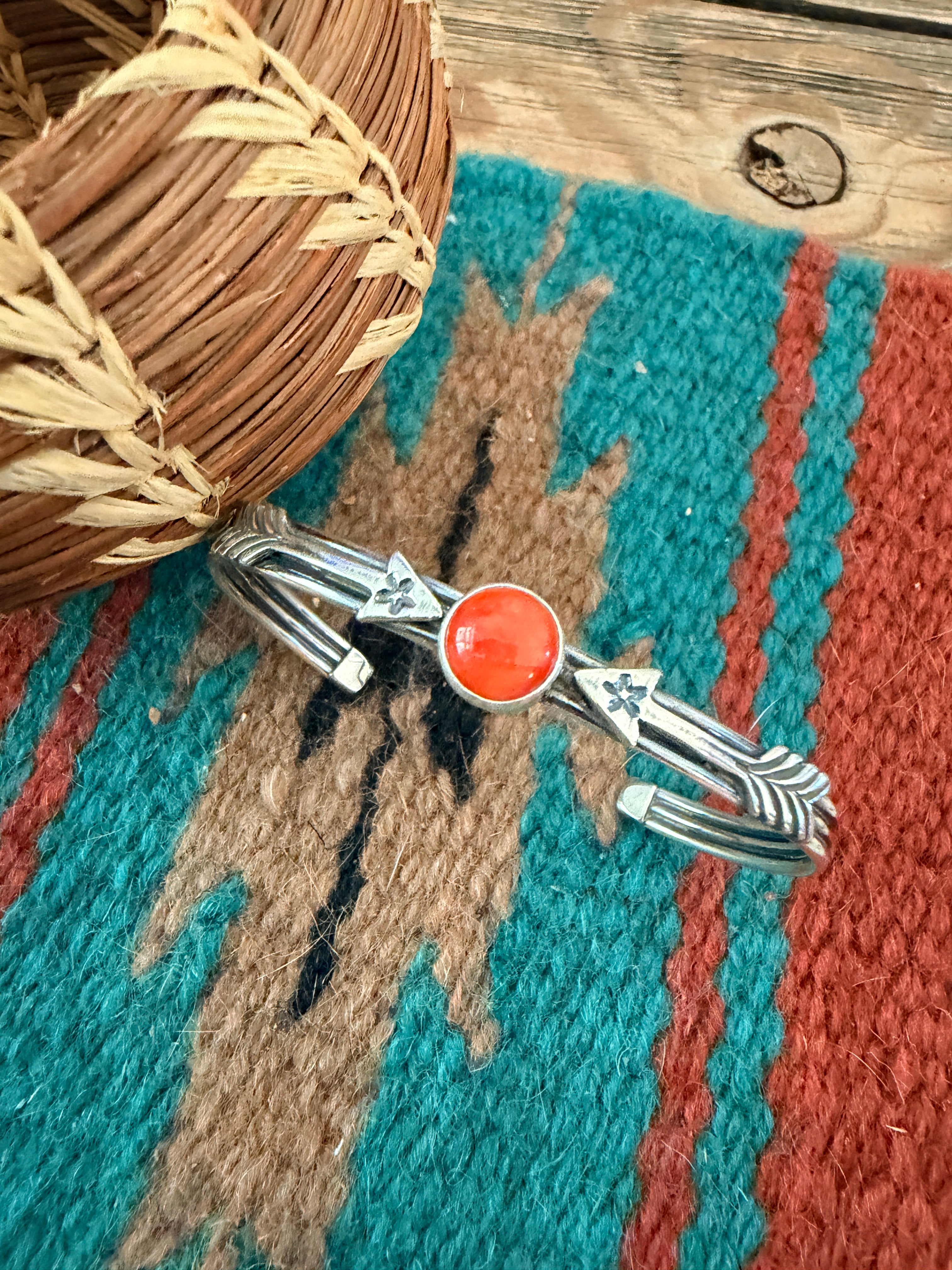Handcrafted Sterling Silver & Red Spiny Oyster Arrow Cuff Bracelet