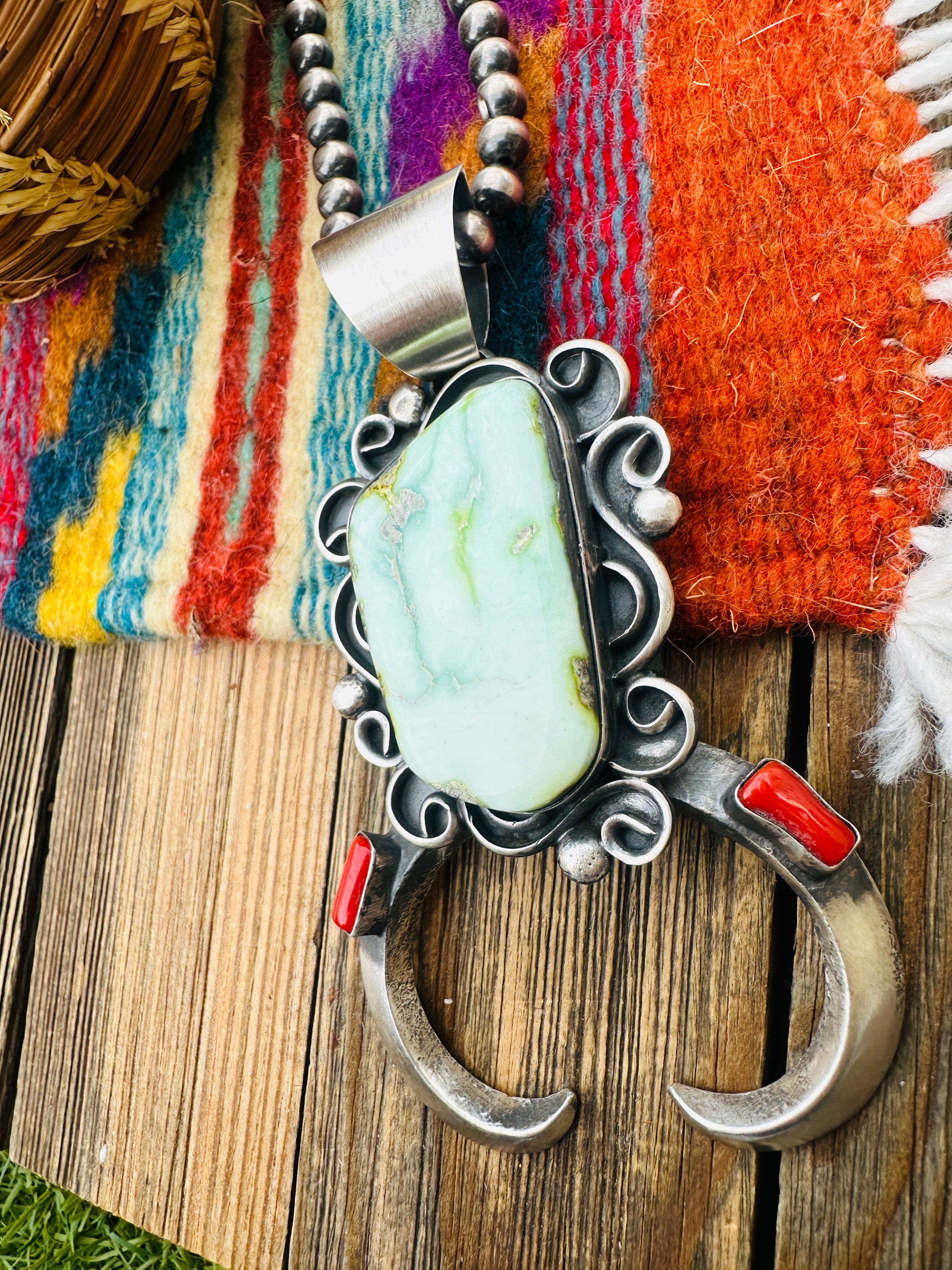 Handcrafted Sterling Silver, Turquoise & Coral Naja Pendant by Chimney Butte