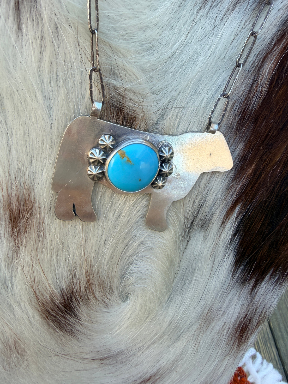 Handmade Sterling Silver & Turquoise Cow Necklace