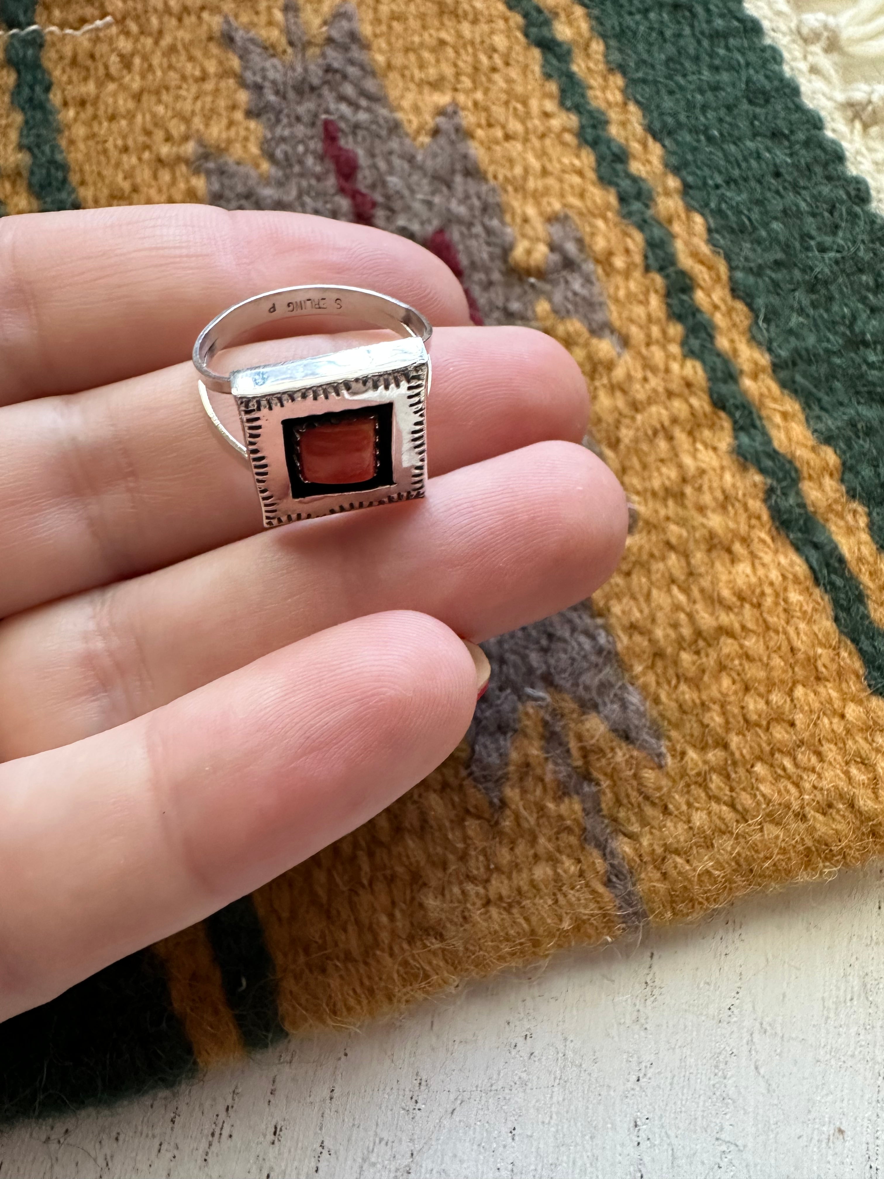 Navajo Orange Spiny & Sterling Silver Square Ring