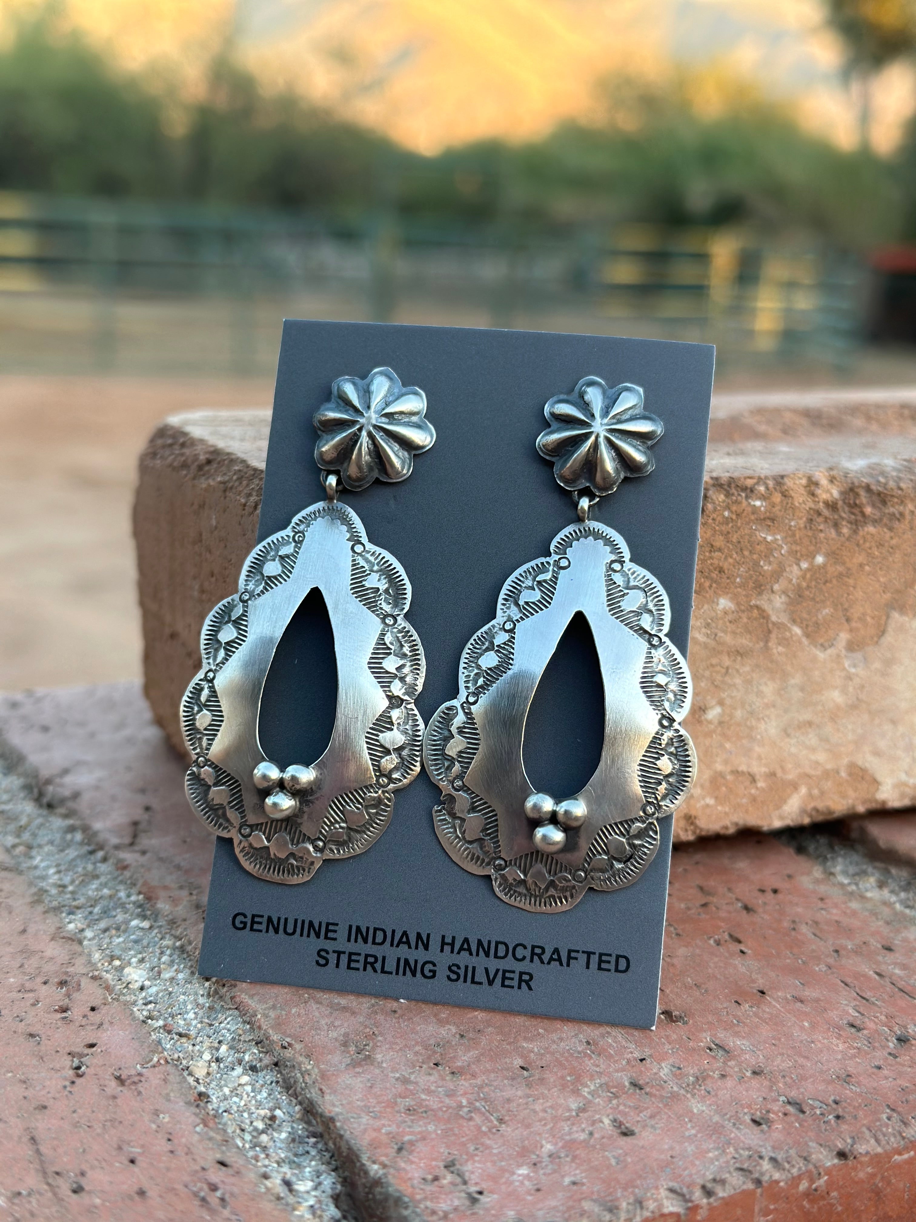 Rita Lee Navajo Hand Stamped Sterling Silver Concho Dangle Earrings