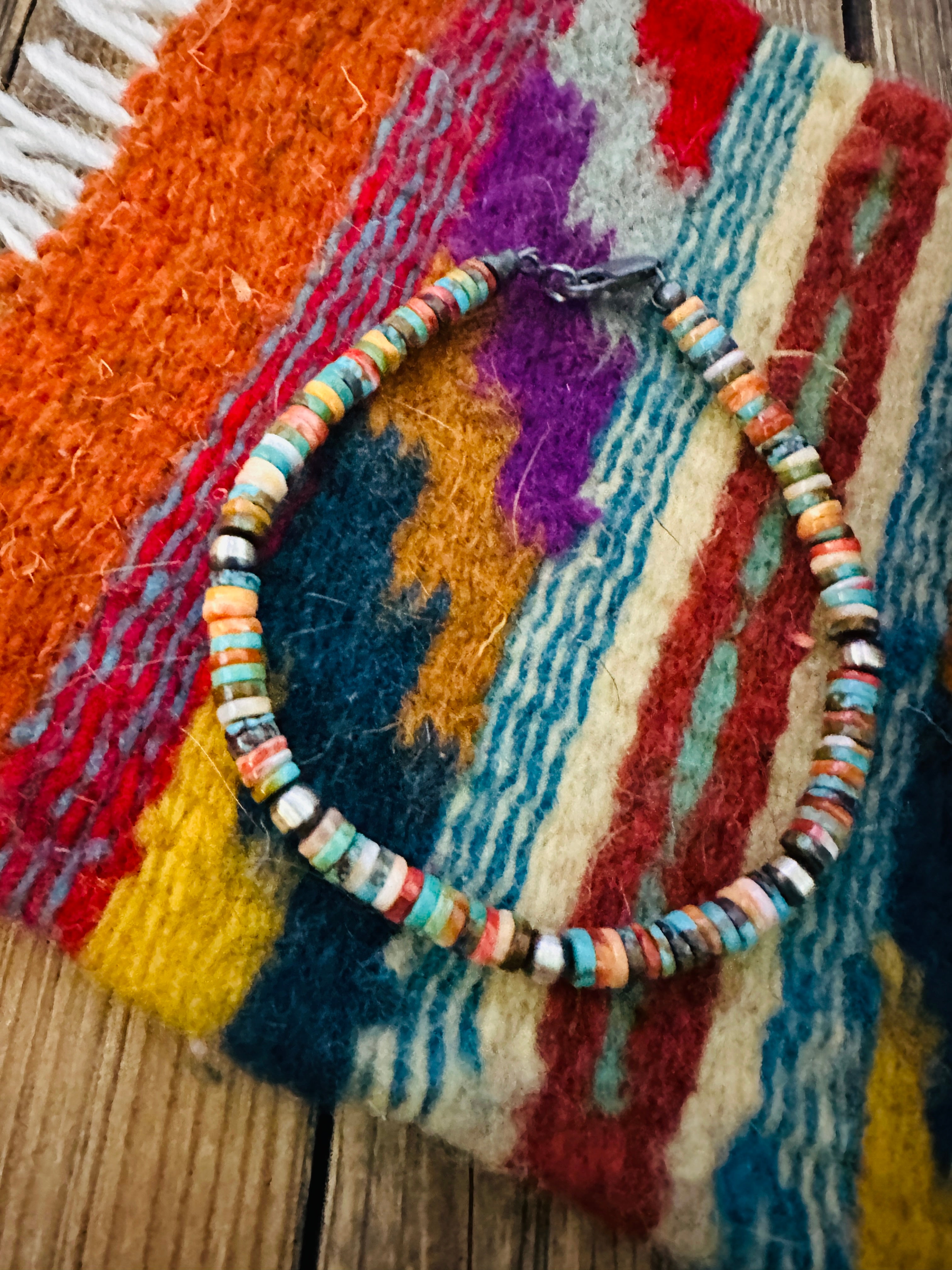 Handcrafted Turquoise, Spiny & Sterling Silver Pearl Beaded Bracelet 7”