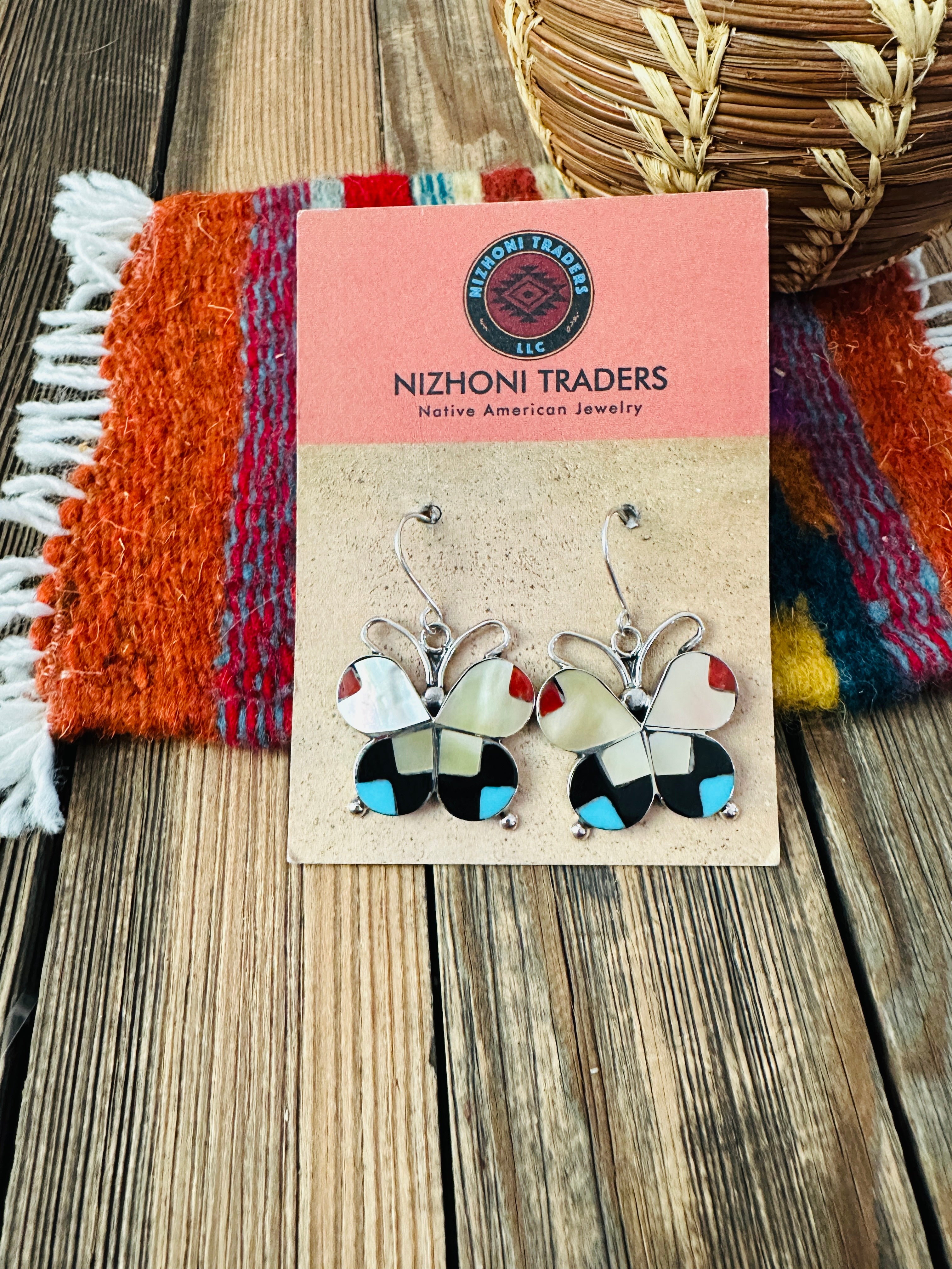 Handcrafted Multi Stone & Sterling Silver Inlay Butterfly Dangle Earrings