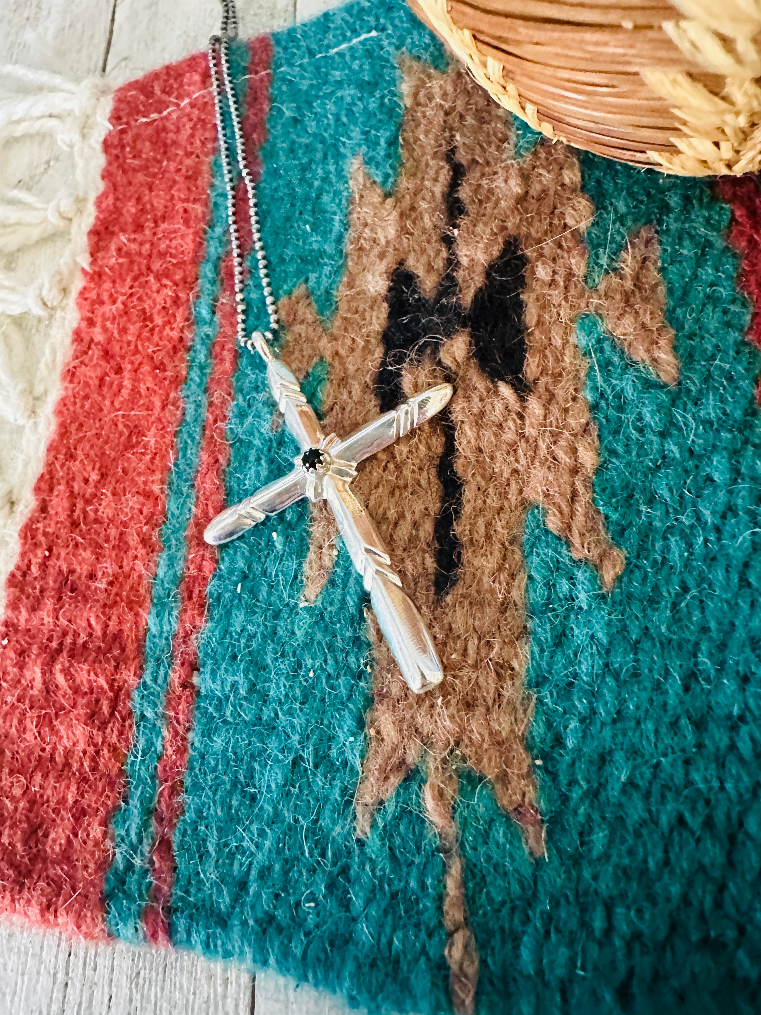 Navajo Black Onyx & Sterling Silver Cross Pendant