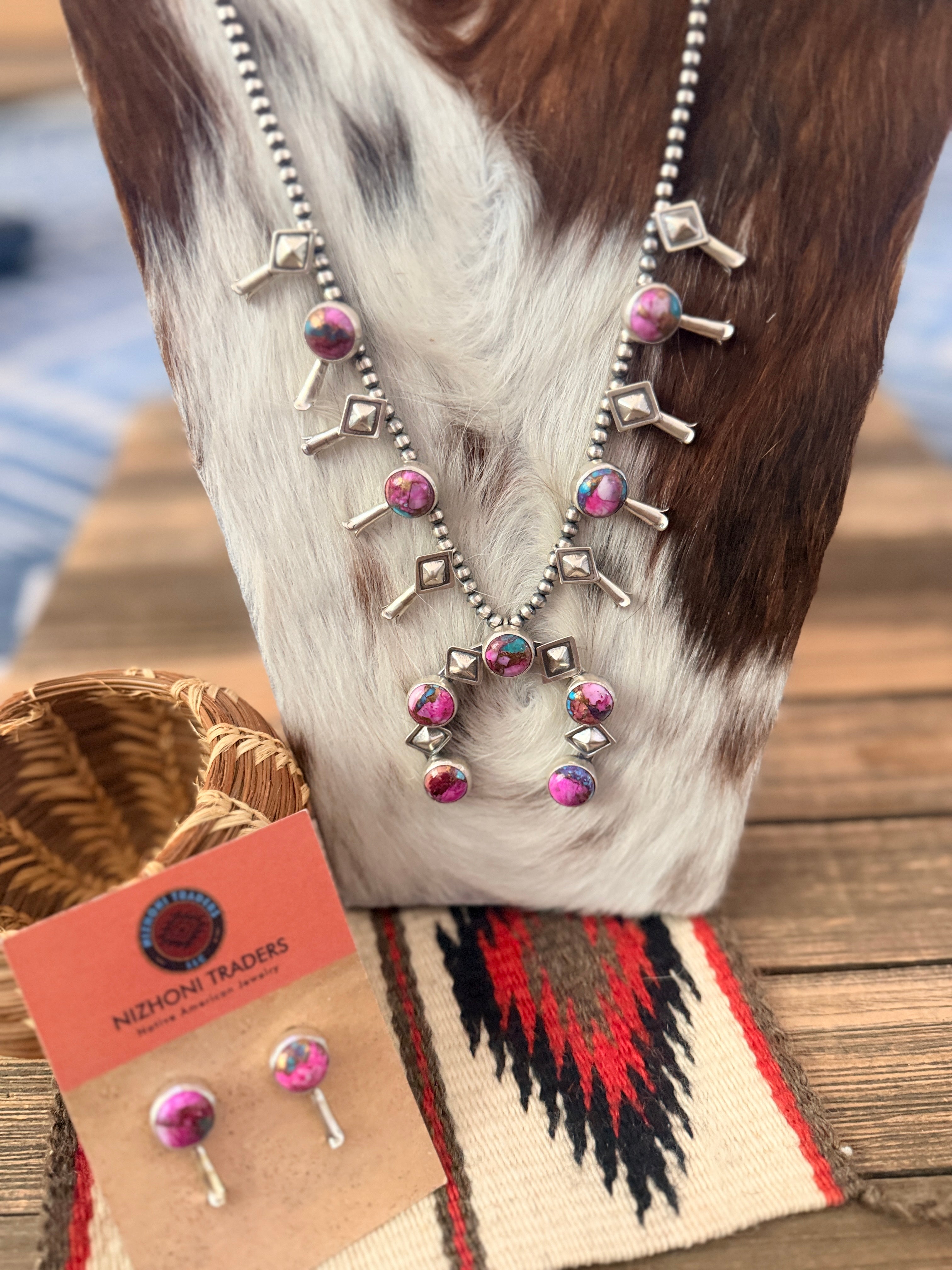 Handcrafted Pink Dream Mojave & Sterling Silver Squash Blossom Necklace and Earring Set