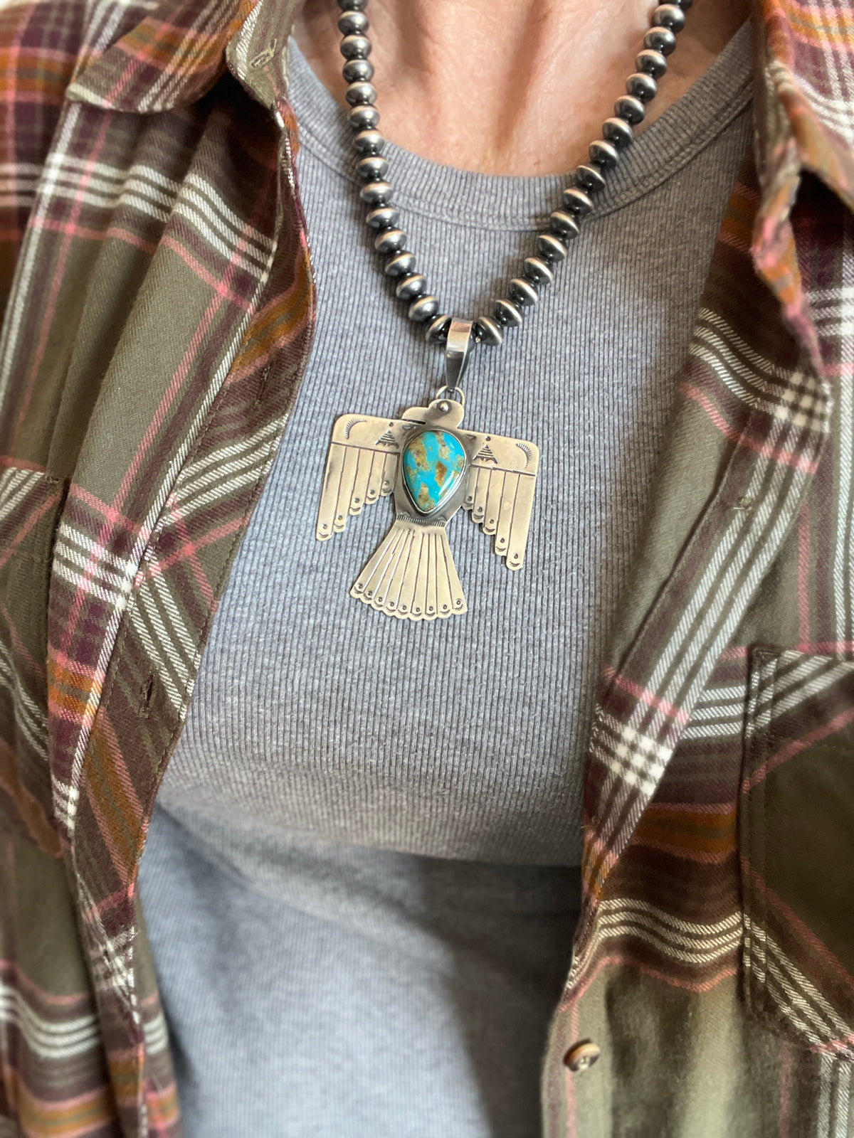 Kimari Somers Hand Stamped Sterling Silver & Kingman Turquoise Thunderbird Pendant 3