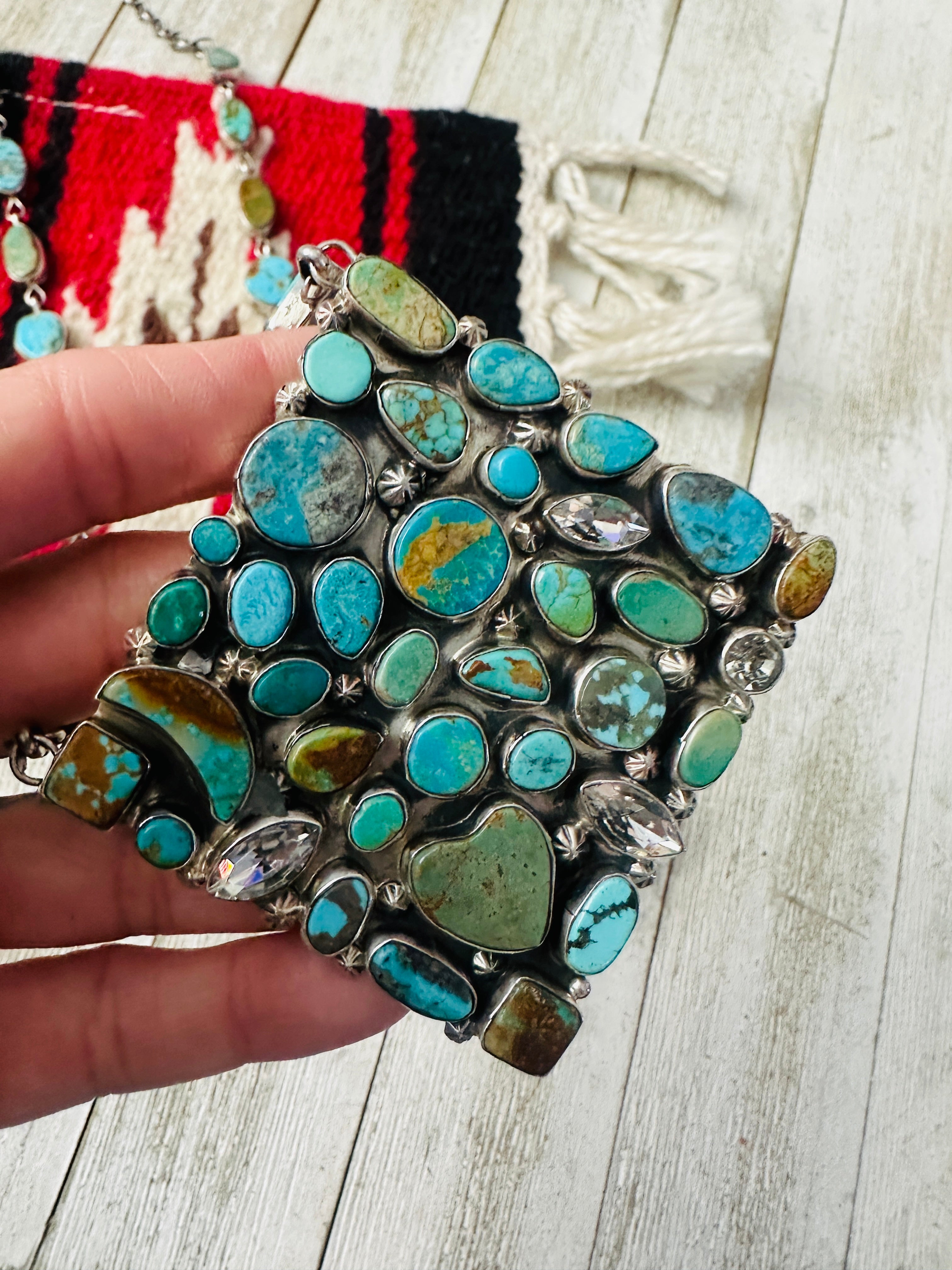 Handcrafted Royston Turquoise, CZ & Sterling Silver Cluster Necklace by Jacqueline Silver