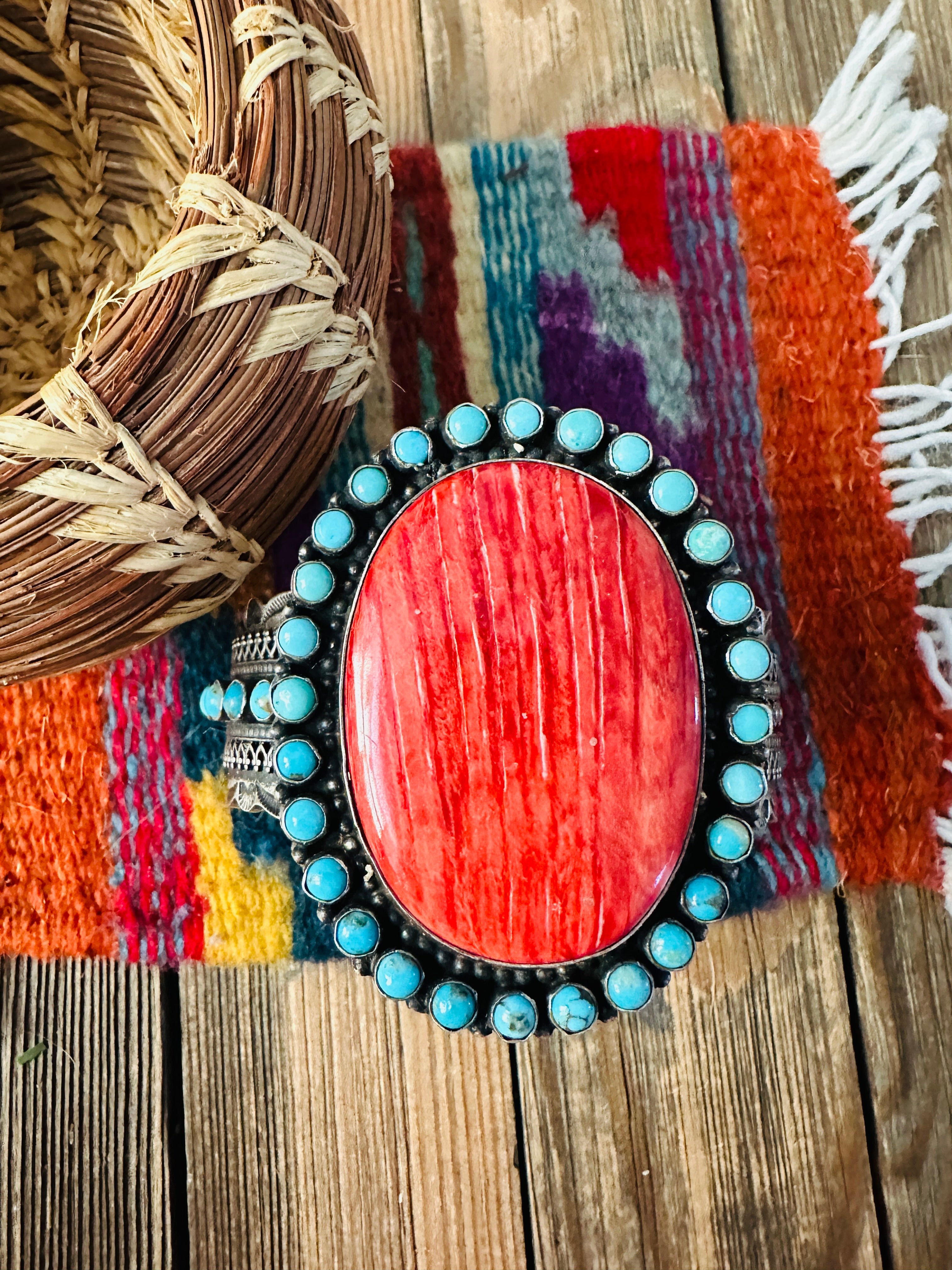 Handcrafted Spiny, Turquoise & Sterling Silver Cuff Bracelet by Shawn Cayatineto