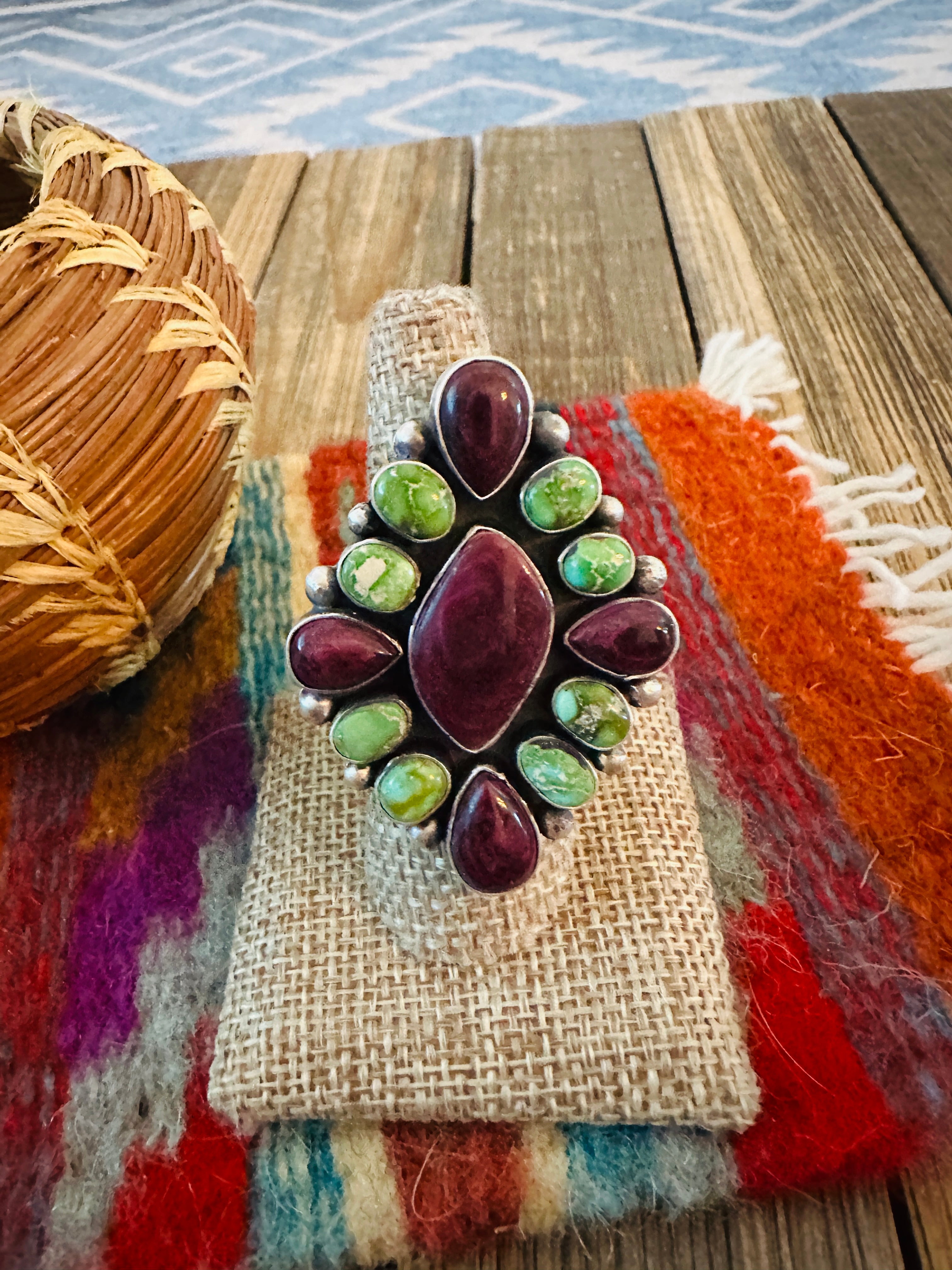 Handcrafted Spiny, Turquoise & Sterling Silver Adjustable Cluster Ring by Rena Shelly