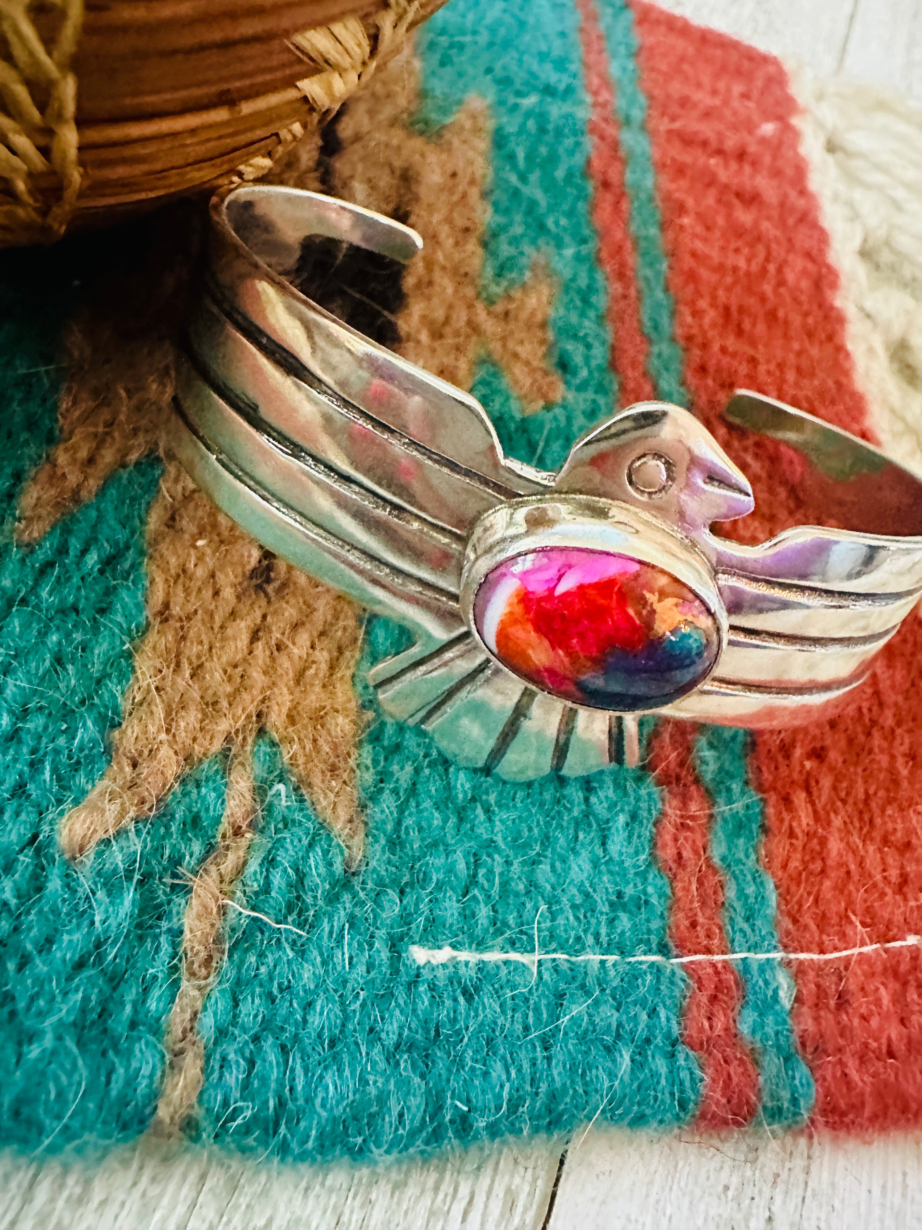 Navajo Pink Dream Mojave & Sterling Silver Thunderbird Cuff Bracelet