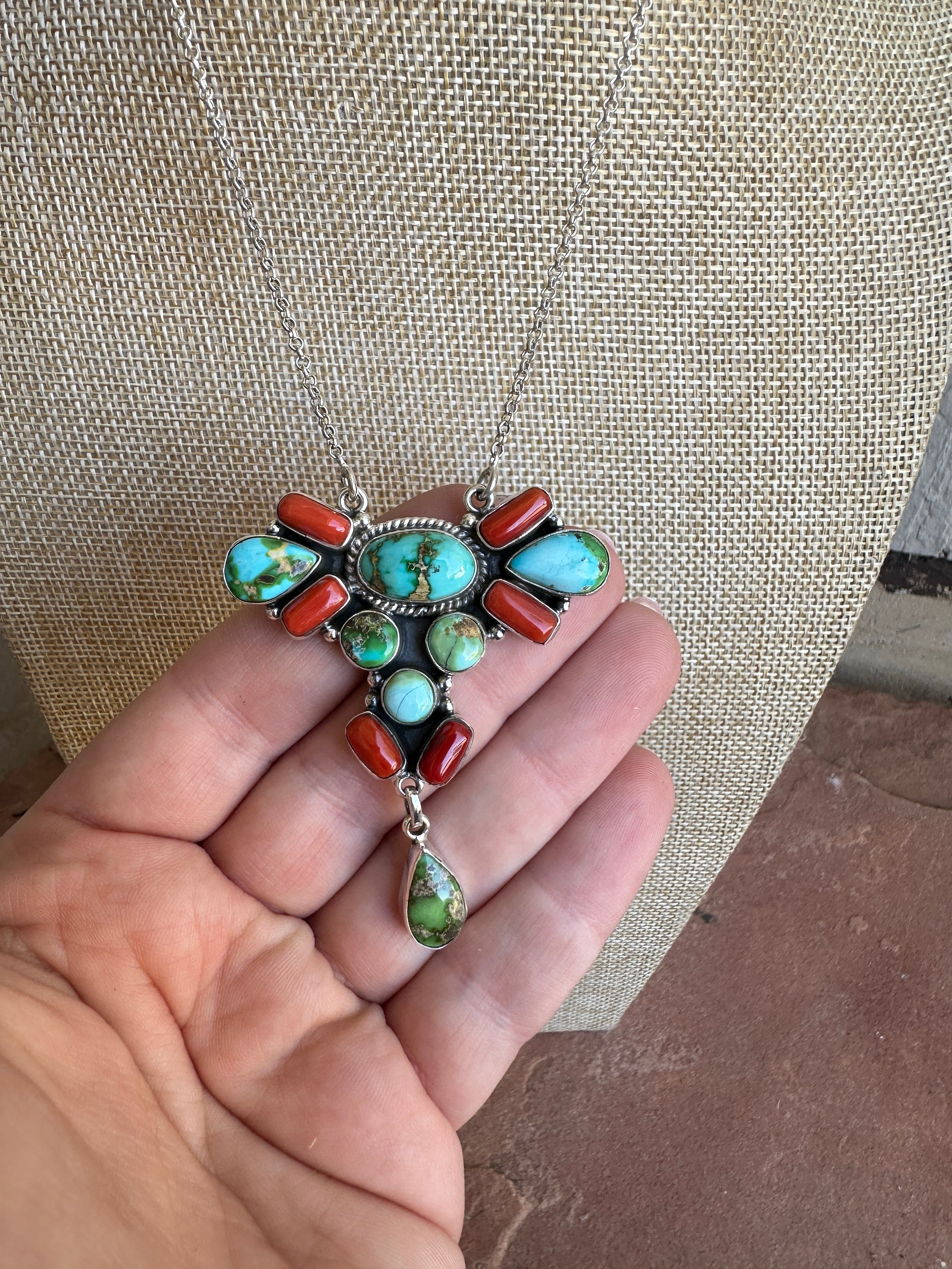 Beautiful Handmade Sterling Silver, Coral & Sonoran Turquoise Necklace style 3