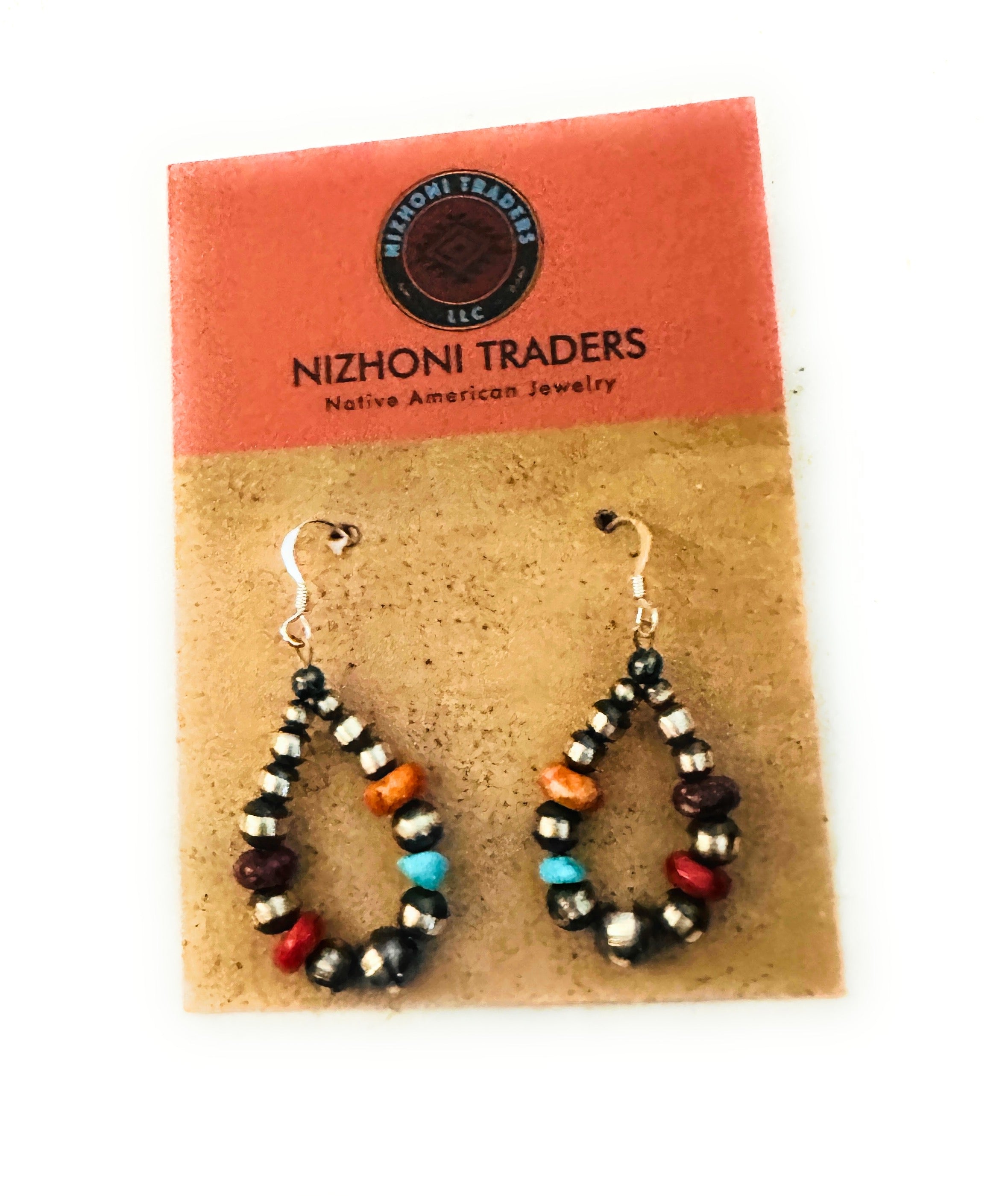 Navajo Multi Stone & Sterling Silver Pearl Beaded Dangle Hoop Earrings