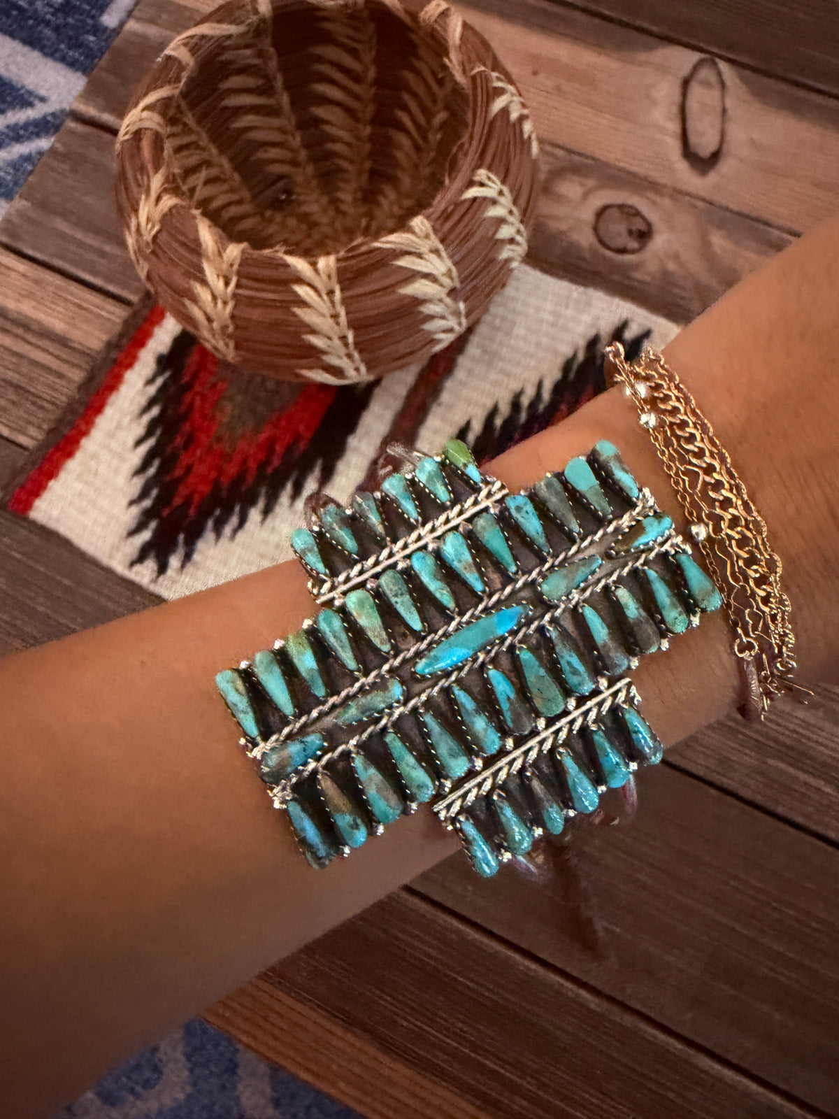 Handcrafted Turquoise & Sterling Silver Cluster Cuff Bracelet by Leander Nez