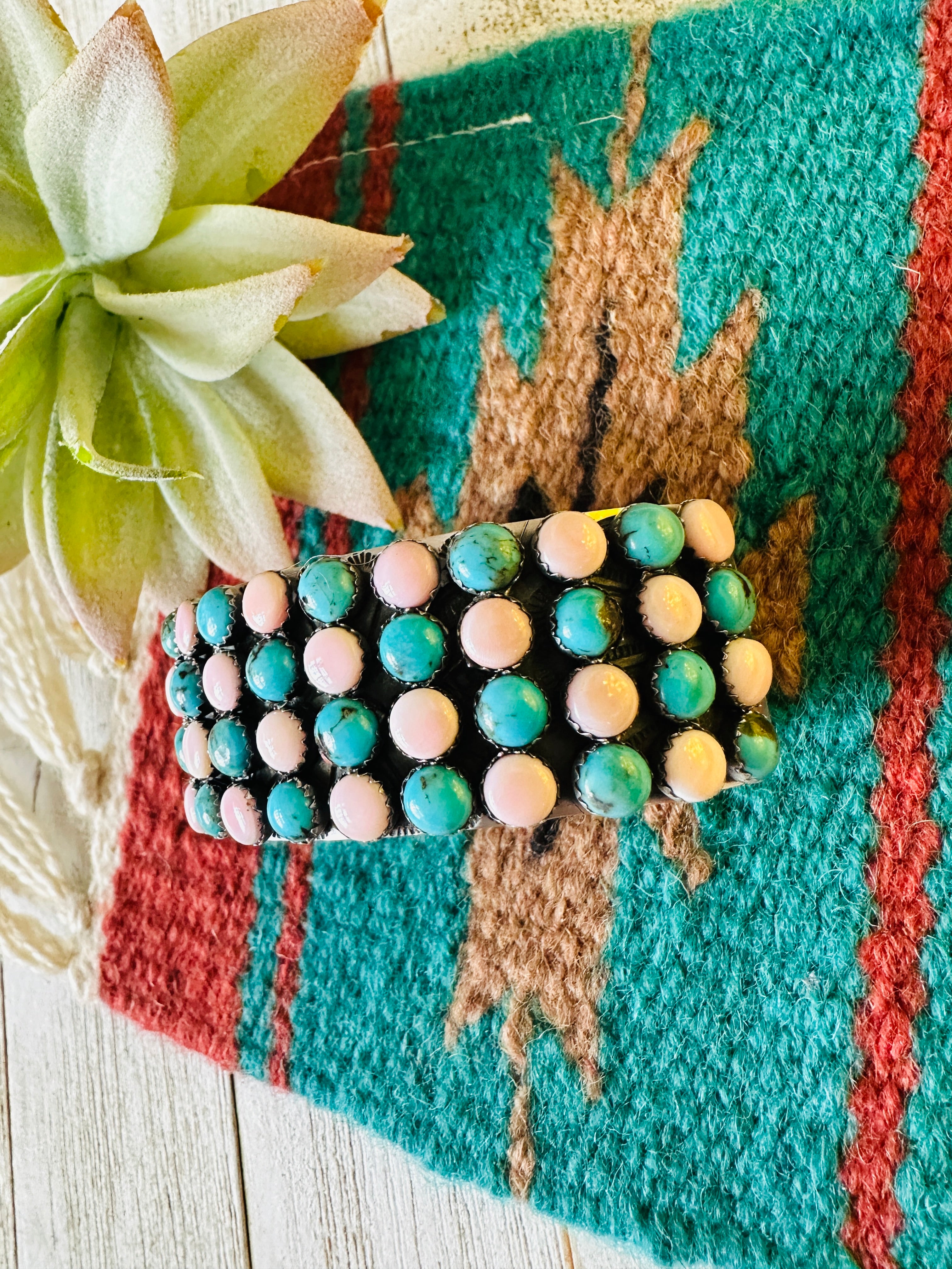 Navajo Sterling Silver, Queen Pink Conch & Turquoise Cuff Bracelet by Leroy James