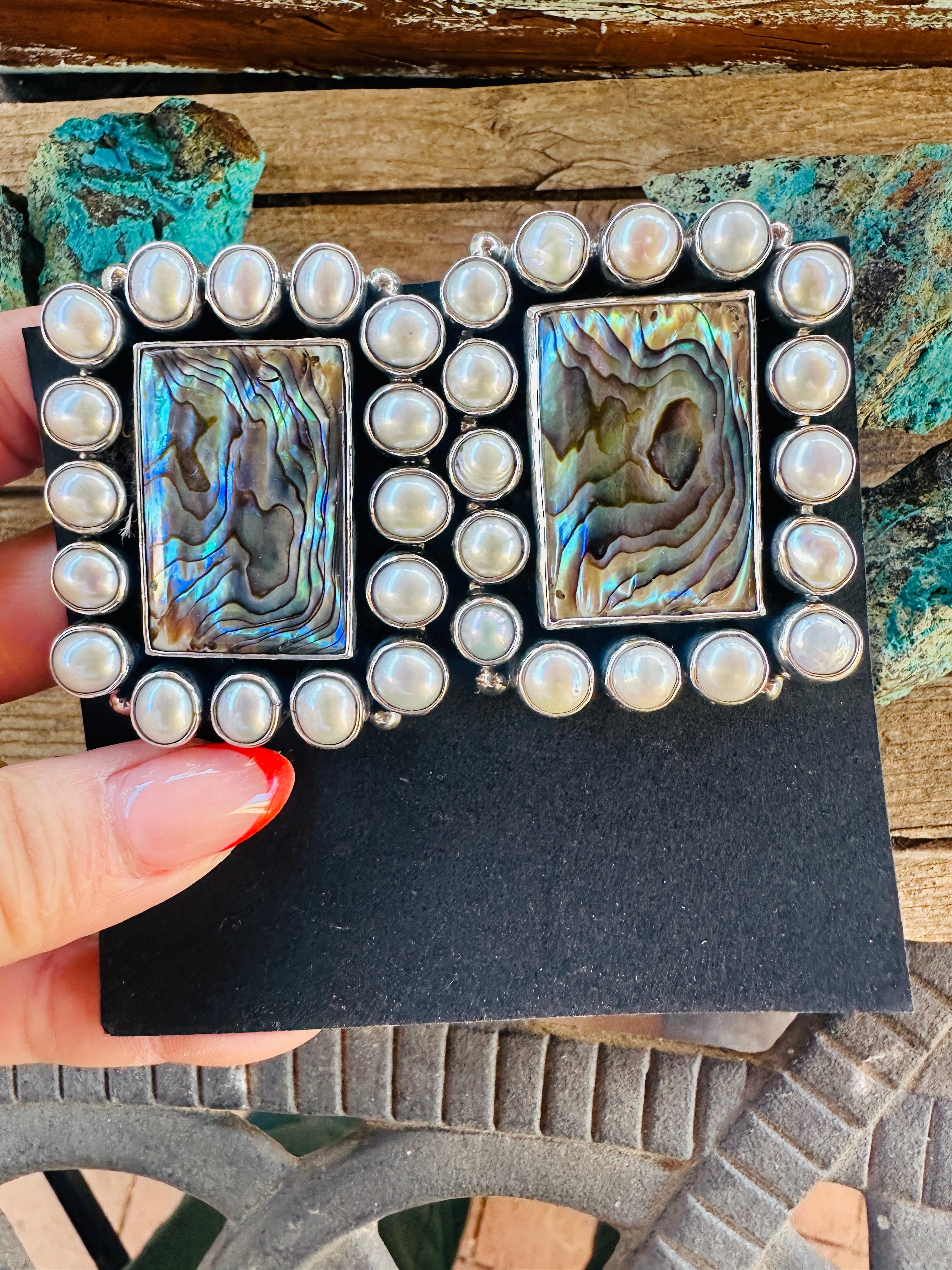Handcrafted Abalone, Mother of Pearl & Sterling Silver Clip On Earrings by Federico Jimenez